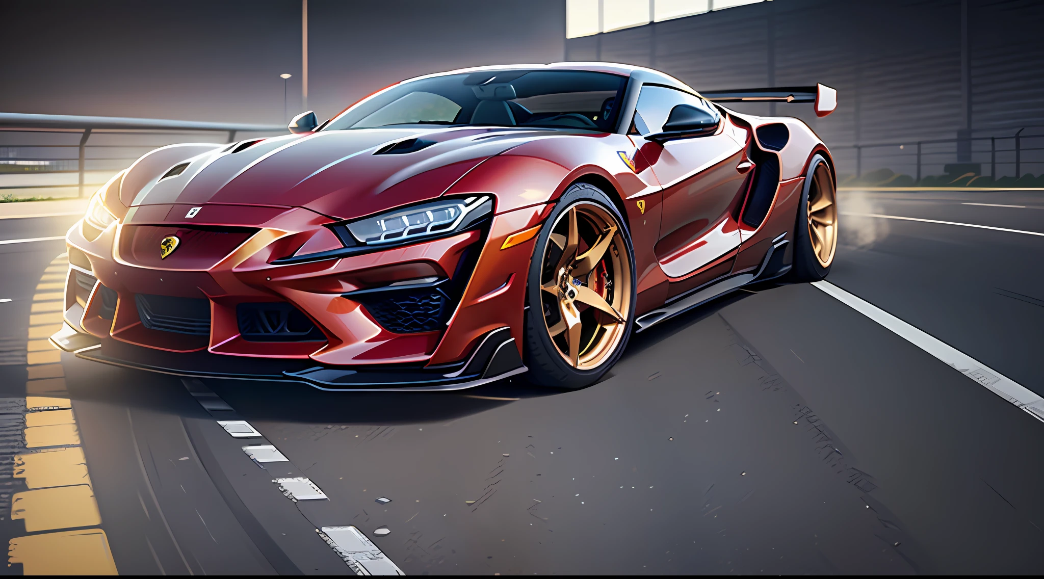 ((concert art sports coupe, design mix of supra and ferrari)), ((one car)), (stance), (tuning), (nfs), (red and gold), (high-quality textures:1.9), (sharp focus:1.5), (image clarity: 1.5), contrasting light, accurate rays, grainy skin, intricate detailing, professional color correction, digital art, (high detail:1.7), depth of field, HDR+, White color , Super Detailed, Intricate Details, Full Color, Volumetric Lighting, High Contrast, Golden Hour Award, Best Photo, fia Professional Photography, Octane Rendering, Featured on artstation, behance winner, erte 12k, super sharp focus, 64K, UHD, natural light, (direct light: 0.2), deep focus (RAW 10bit), extremely detailed CG Unity 8k wallpaper, Ultra Quality, HQ, 2160p, concept art --s2