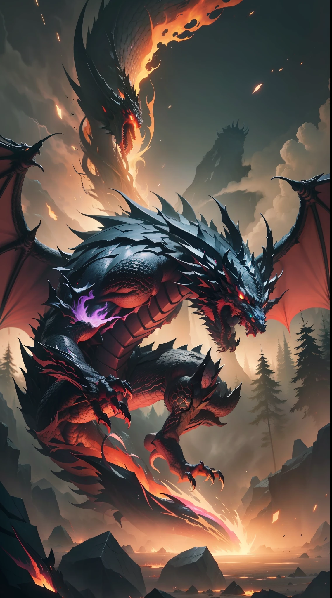 Black dragon of shadows, Dark forest, being defeated, fallen dragon, splosion of energies, Conceptual art, high detail, cinematic lighting, optical illusion, UHD, masterpiece, textured skin, super detail, high quality, 1080P, 8k