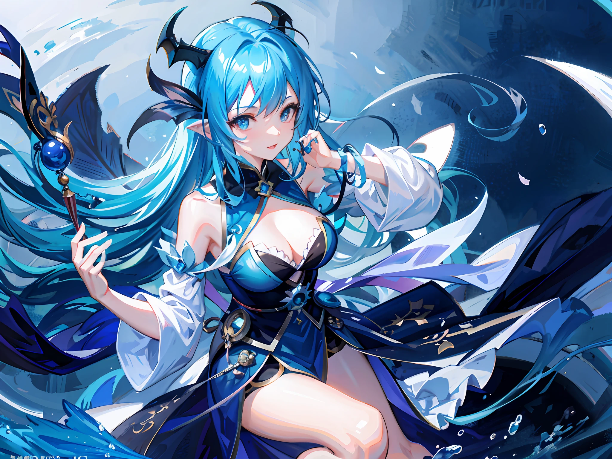 Chinese fan in hand, five fingers, right fingers, anime girl, blue hair, dragon girl, dragon horns on her head, in underwater world, anime goddess, wallpaper anime blue water, popular on CGSTATION, asian female water element, ocean goddess, hd details