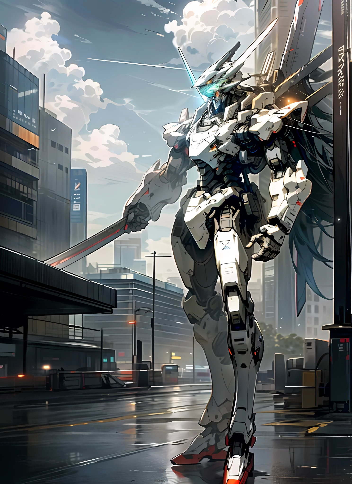 sky, cloud, holding_weapon(tech sword), no_humans, glowing, , robot, building, glowing_eyes,mecha(full body shown), science_fiction, city, realistic,mecha, realistic, 2040p, 8k, natural