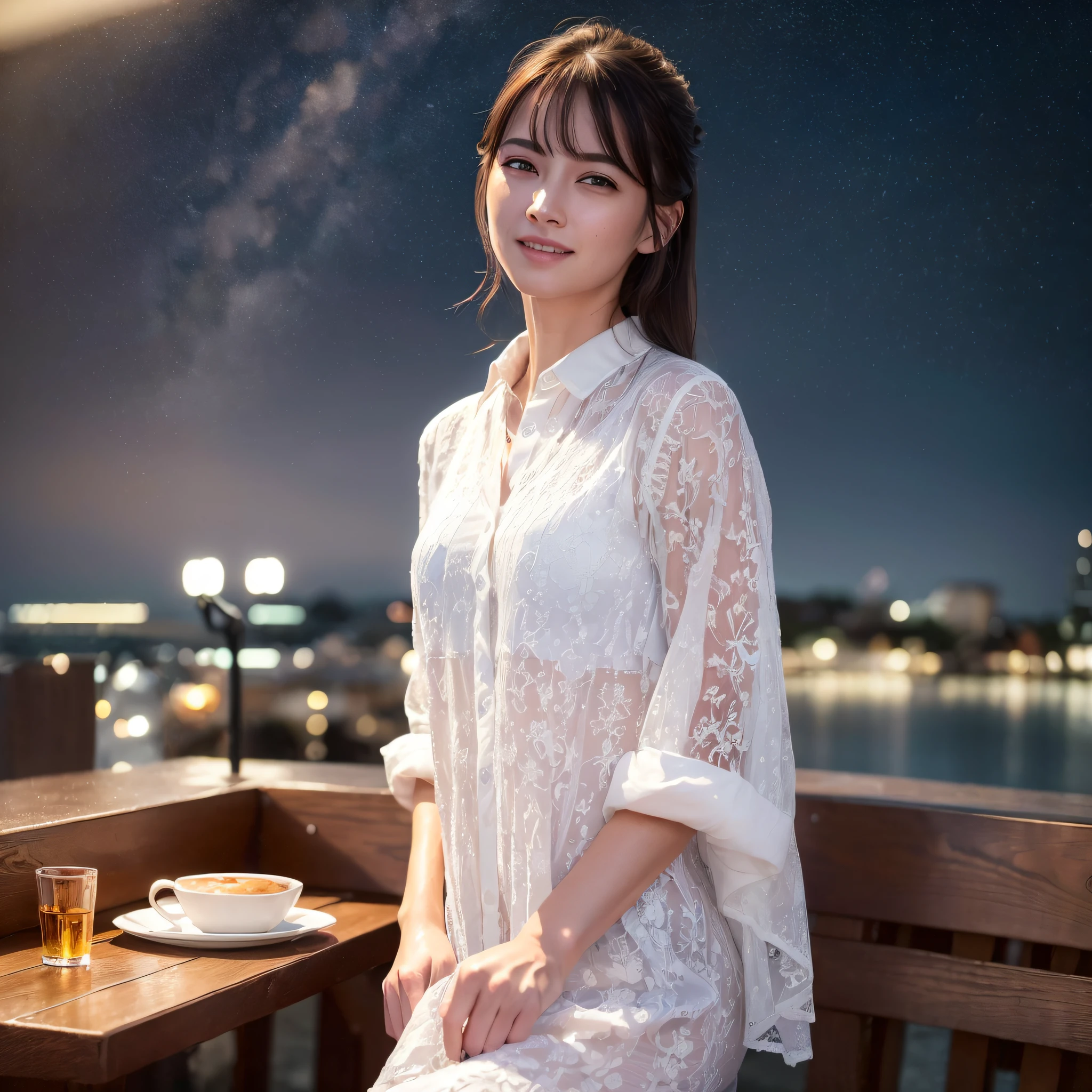 (8k, Best Quality, Masterpiece:1.2), (Realistic, Photorealistic:1.37), Ultra Detailed, 1 Girl,Solo,Beautiful Detailed Sky,Detailed Cafe,Night,Sitting,Date,(Reddens Nose),(Smile:1.15),(Closed Mouth)Small,Beautiful Fine Eyes,(Shirt:1.1),Night,Wet,Rain,White Lace,(Short Hair:1.2),Floating Hair NovaFrogStyle,Full Body,Sexy,Cute