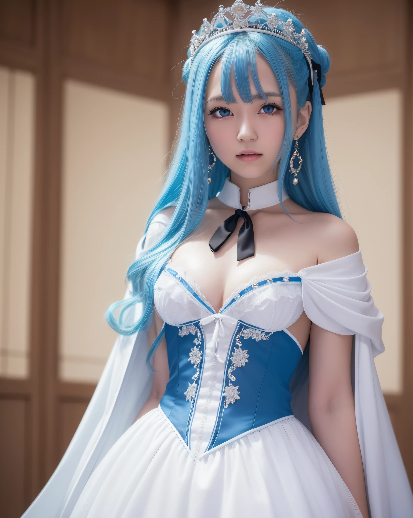 Top quality, super high resolution, (photo real: 1.4), Japan person, sky blue hair, long hair, blue eyes, (skinny), small breasts, light makeup, white cape, black string tie, sky blue dress, white lingerie visible under the dress, white down shoulder badge, princess line, smile, cute, small teardrop earrings, on stage, five fingers