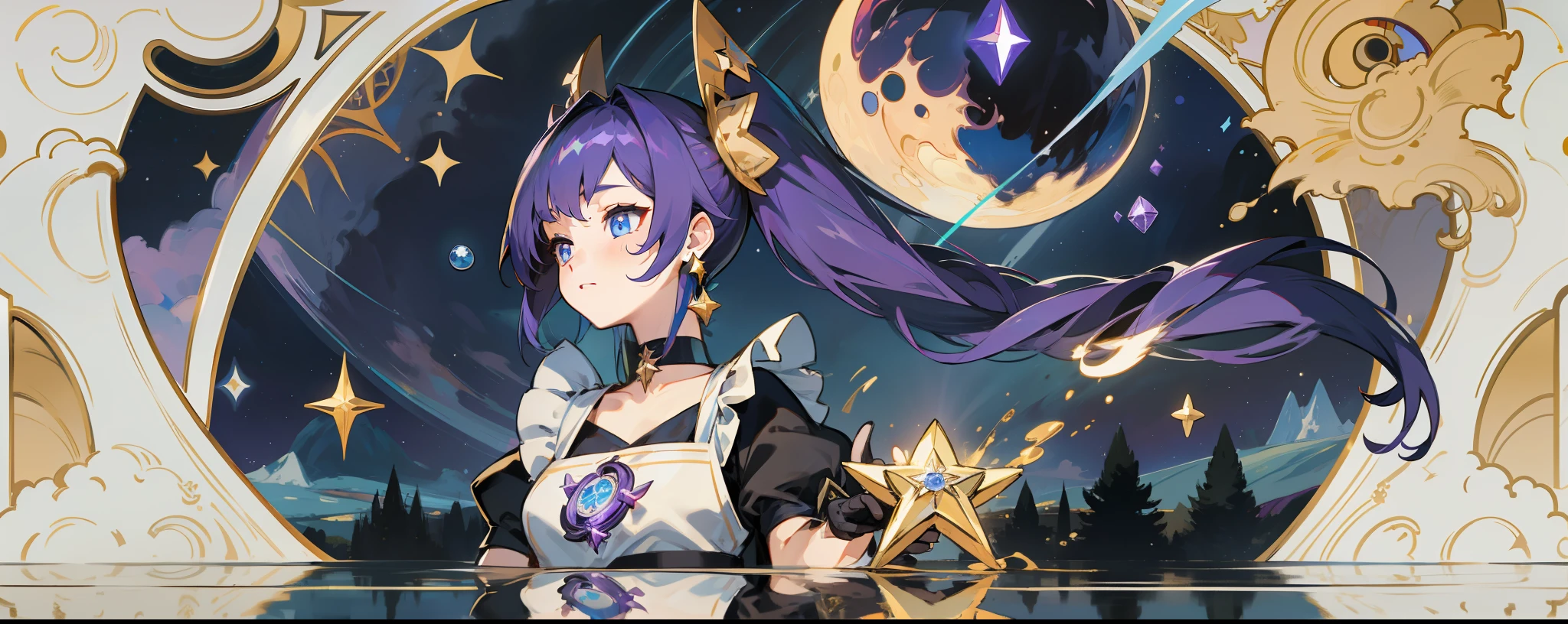 (1 girl), illustration, Mona \(Genshin Impact\), choker, star \(symbol\), witch, maid, blue eyes, shining eyes, dark purple hair, dark purple hair, long hair, ponytails, earrings, white apron, gold jewelry, landscape, night, night sky, magic, fortune teller, oracle, prediction, magician, magician, miracle, black gloves, divination, reflection, water