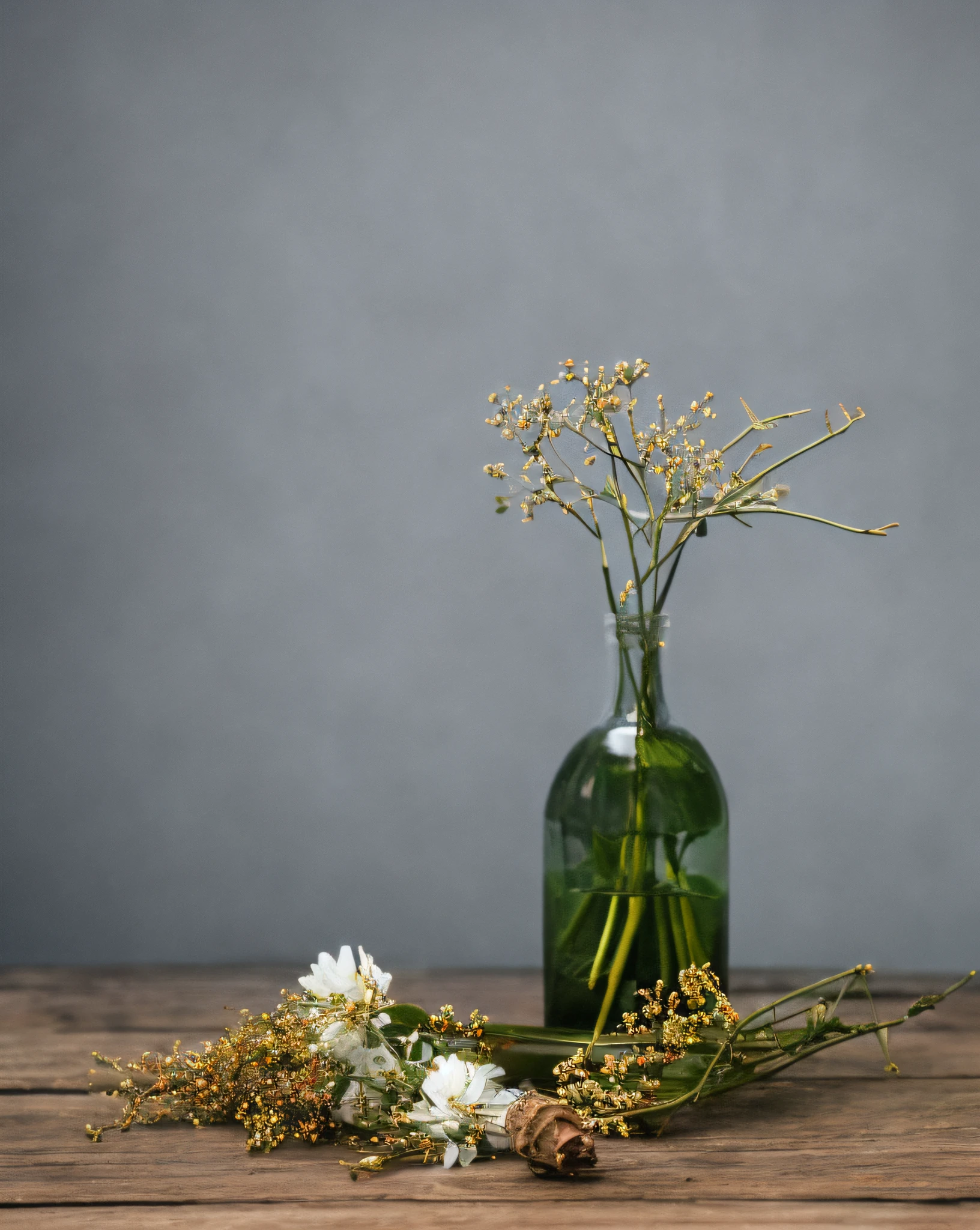 Glass bottle, twigs, flowers, gray background, wooden table, Tyndall effect, simple picture Dark fantasy movies of the 1970s, haze, halo, bloom, dramatic atmosphere, centered,