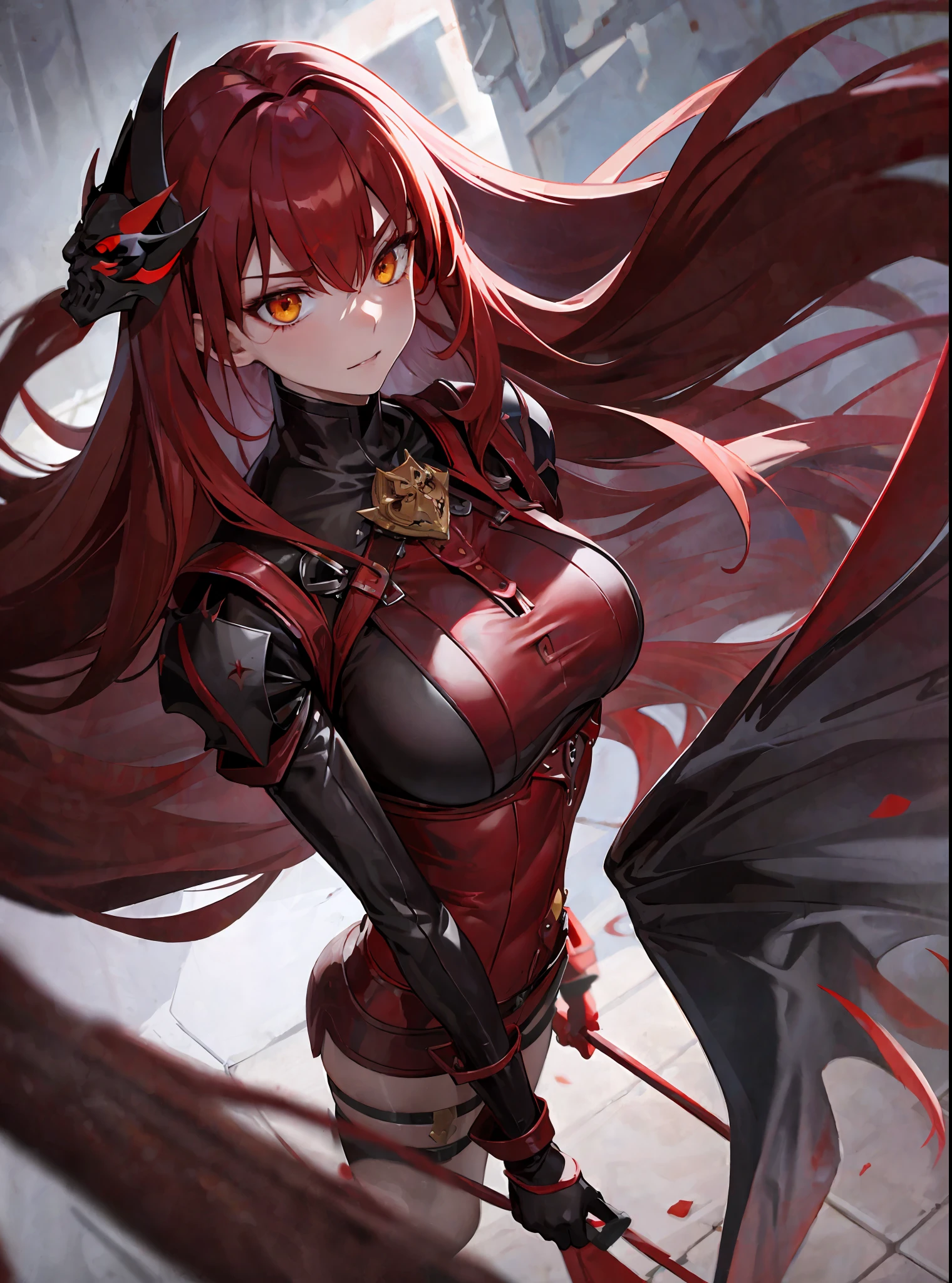 (masterpiece, best quality) an adult woman with very long red hair, short dress, red leather, black bows, (red mask), long stockings, (red mask covering the eyes), red mask, (red mask), covered eyes, bare legs, bodysuit, queen, lake, braids, good anatomy, correct proportions, black boots, torn clothes, queen, yellow eyes, serious, mysterious appearance, blood, emotionless, Red Forest, Straight bangs, Very long red hair, Evil, (Yellow eyes), Goth, Medium chest, Blood weapons, Blood spikes, Chest to Head show, Cinematics, Color oil painting, Solo, Cinematic lighting, Extremely detailed face, Finely detailed face, Beautiful face, Beautiful eyes, Perfect lighting, Depth of field, Realistic proportions, Good anatomy, Long coat
