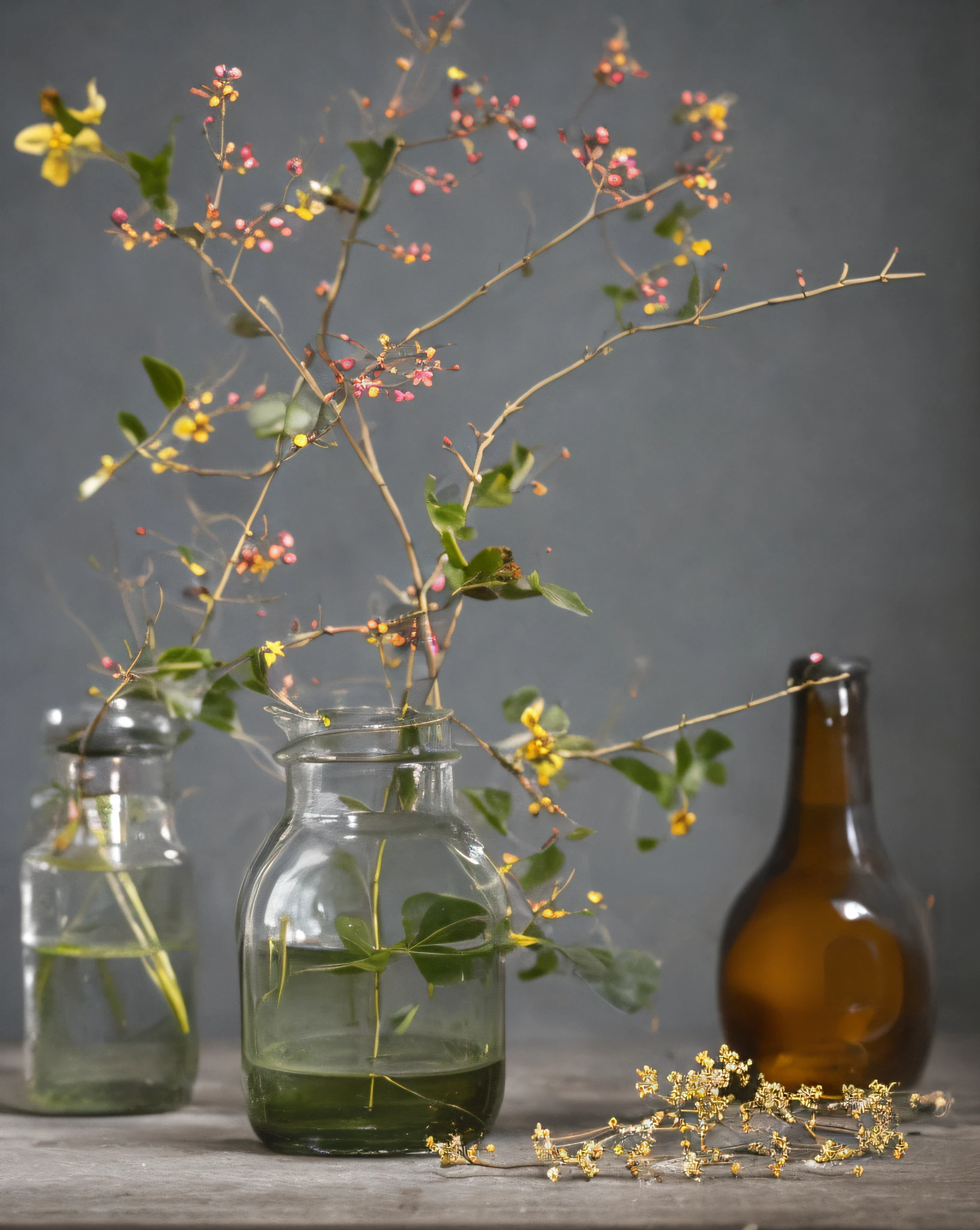 Glass bottle, twigs, flowers, gray background, wooden table, Tyndall effect, simple picture Dark fantasy movies of the 1970s, haze, halo, bloom, dramatic atmosphere, centered,