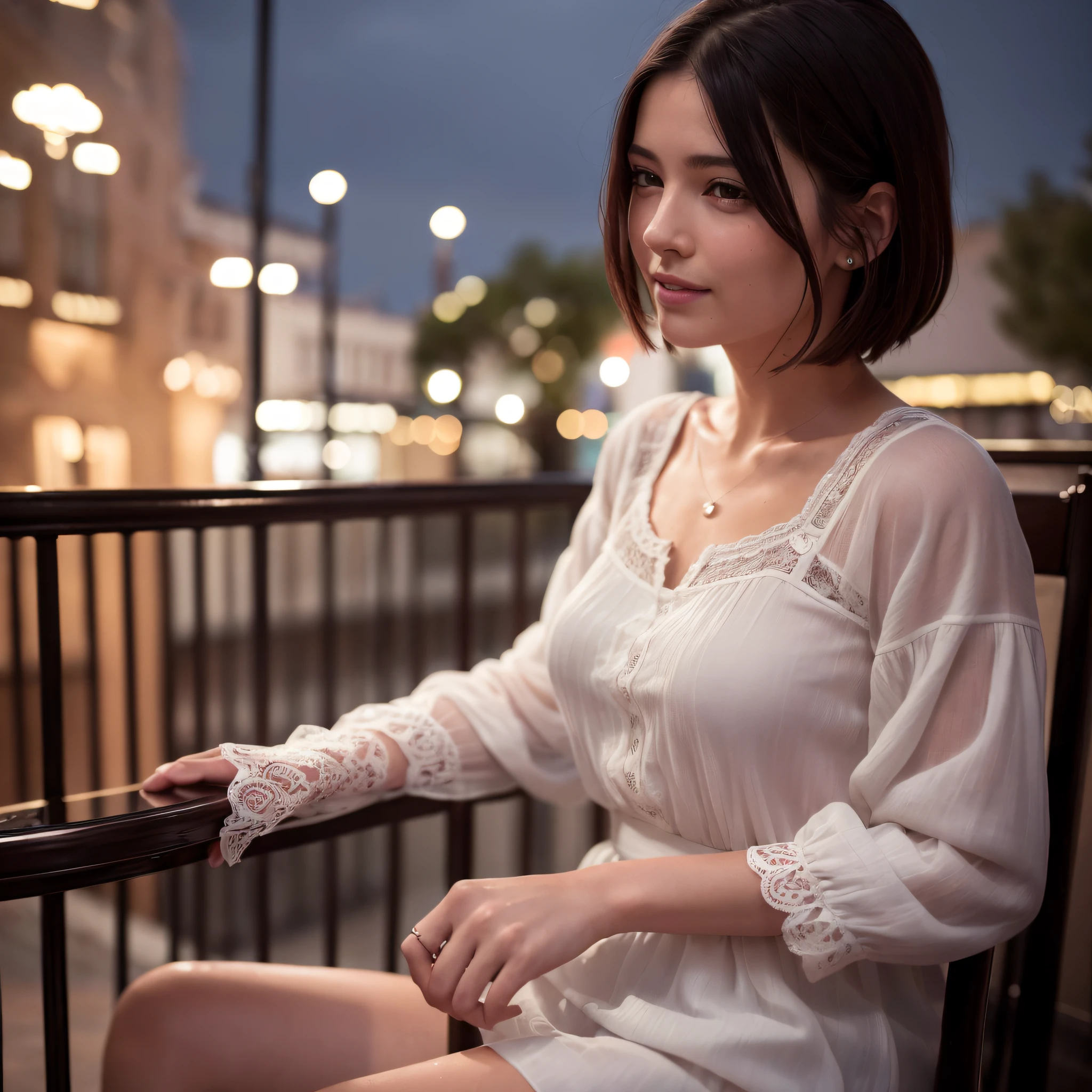 (8k, Best Quality, Masterpiece:1.2), (Realistic, Photorealistic:1.37), Ultra Detailed, 1 Girl,Solo,Beautiful Detailed Sky,Detailed Cafe,Night,Sitting,Date,(Reddens Nose),(Smile:1.15),(Closed Mouth)Small,Beautiful Fine Eyes,(Shirt:1.1),Night,Wet,Rain,White Lace,(Short Hair:1.2),Floating Hair NovaFrogStyle,Full Body,Sexy,Cute