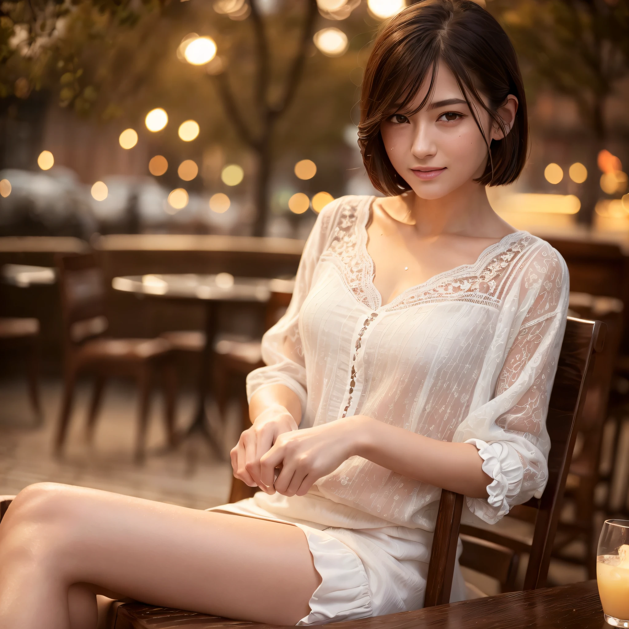 (8k, Best Quality, Masterpiece:1.2), (Realistic, Photorealistic:1.37), Ultra Detailed, 1 Girl,Solo,Beautiful Detailed Sky,Detailed Cafe,Night,Sitting,Date,(Reddens Nose),(Smile:1.15),(Closed Mouth)Small,Beautiful Fine Eyes,(Shirt:1.1),Night,Wet,Rain,White Lace,(Short Hair:1.2),Floating Hair NovaFrogStyle,Full Body,Sexy,Cute