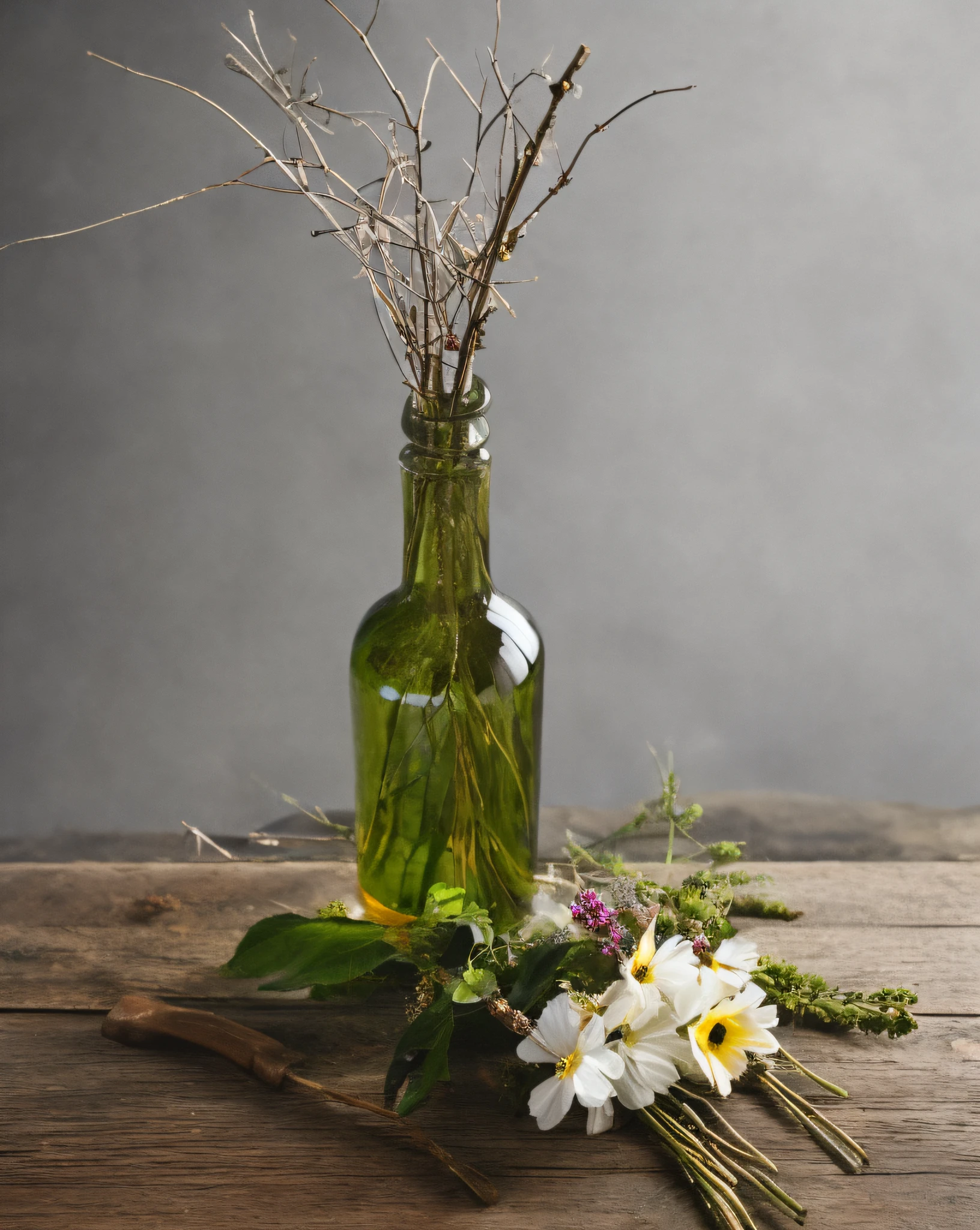 Glass bottle, twigs, flowers, gray background, wooden table, Tyndall effect, simple picture Dark fantasy movies of the 1970s, haze, halo, bloom, dramatic atmosphere, centered,