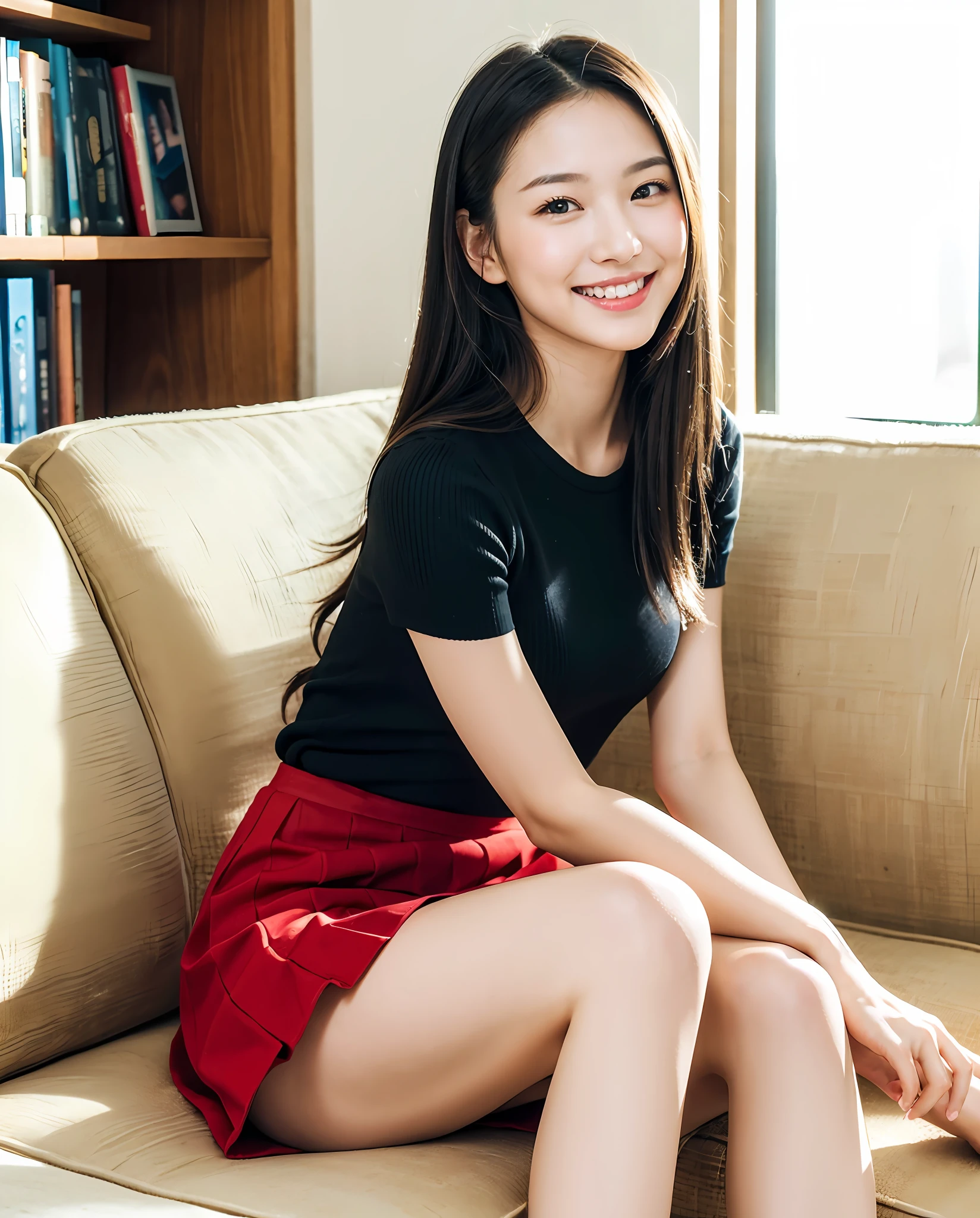 1girl,18,mix4,(8k, RAW photo, best quality, masterpiece:1.2), (realistic, photorealistic :1.37), cute, best illustration, extremely delicate beauty, floating, high resolution, close-up portrait, full body, delicate facial features, perfect face, 1girl, ((long black hair: 1.2)), sitting sideways, ((red skirt)), full-body, interior, light smile, smile, ????, bookshelf background, sitting on sofa with legs together, Cross your legs