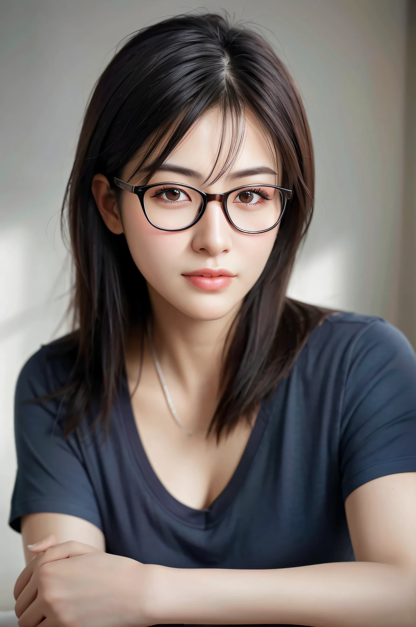 dressed, (photo realistic:1.4), (hyper realistic:1.4), (realistic:1.3),
(smoother lighting:1.05), (increase cinematic lighting quality:0.9), 32K,
1girl with glasses,round glasses,20yo girl, short messy hair, realistic lighting, backlighting, light on face, ray trace, (brightening light:1.2), (Increase quality:1.4),
(best quality real texture skin:1.4), finely detailed eyes, finely detailed face, finely quality eyes,
(tired and sleepy and satisfied:0.0), face closeup, t-shirts,
(Increase body line mood:1.1), (Increase skin texture beauty:1.1)