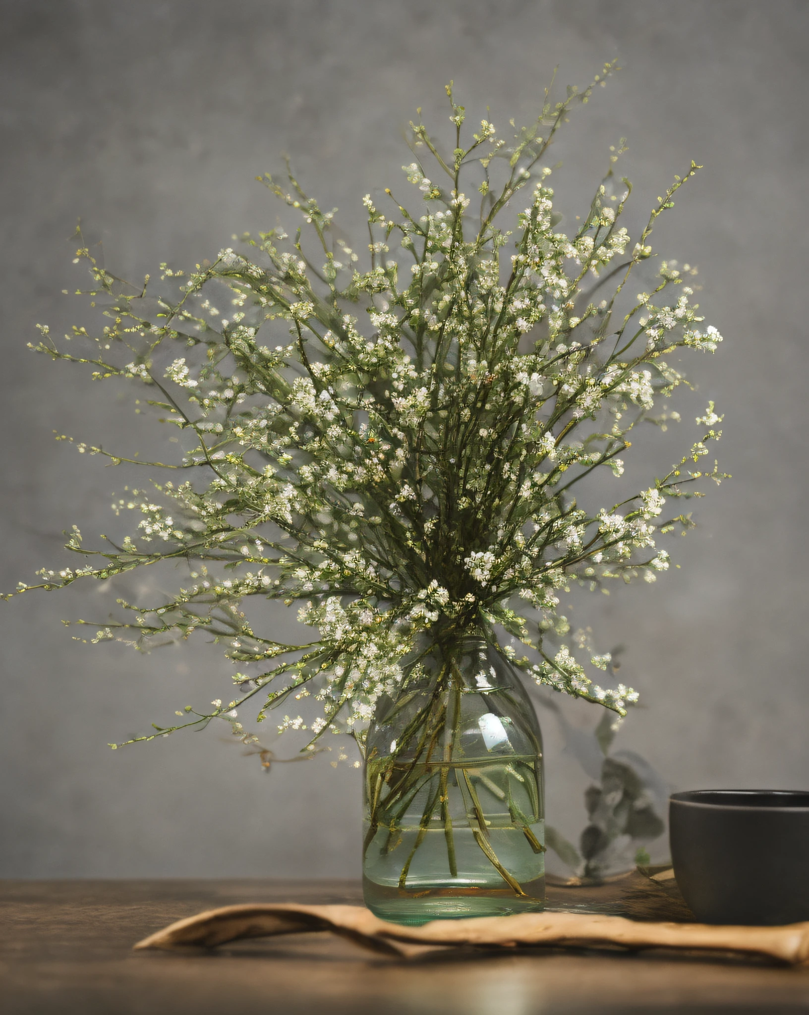 Glass bottle, twigs, flowers, gray background, wooden table, Tyndall effect, simple picture Dark fantasy movies of the 1970s, haze, halo, bloom, dramatic atmosphere, centered,