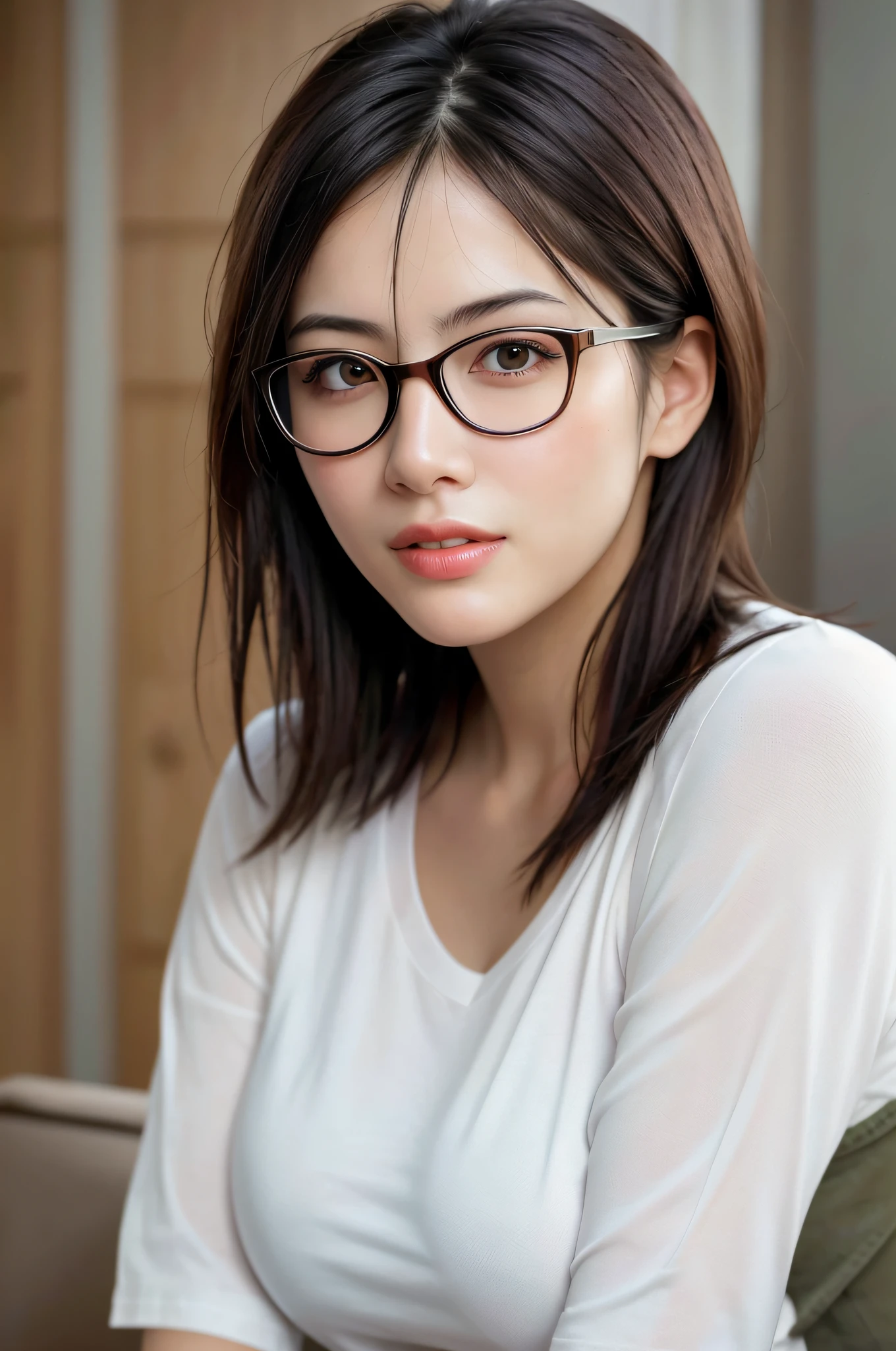 dressed, (photo realistic:1.4), (hyper realistic:1.4), (realistic:1.3),
(smoother lighting:1.05), (increase cinematic lighting quality:0.9), 32K,
1girl with glasses,round glasses,20yo girl, short messy hair, realistic lighting, backlighting, light on face, ray trace, (brightening light:1.2), (Increase quality:1.4),
(best quality real texture skin:1.4), finely detailed eyes, finely detailed face, finely quality eyes,
(tired and sleepy and satisfied:0.0), face closeup, t-shirts, medium breasts
(Increase body line mood:1.1), (Increase skin texture beauty:1.1)