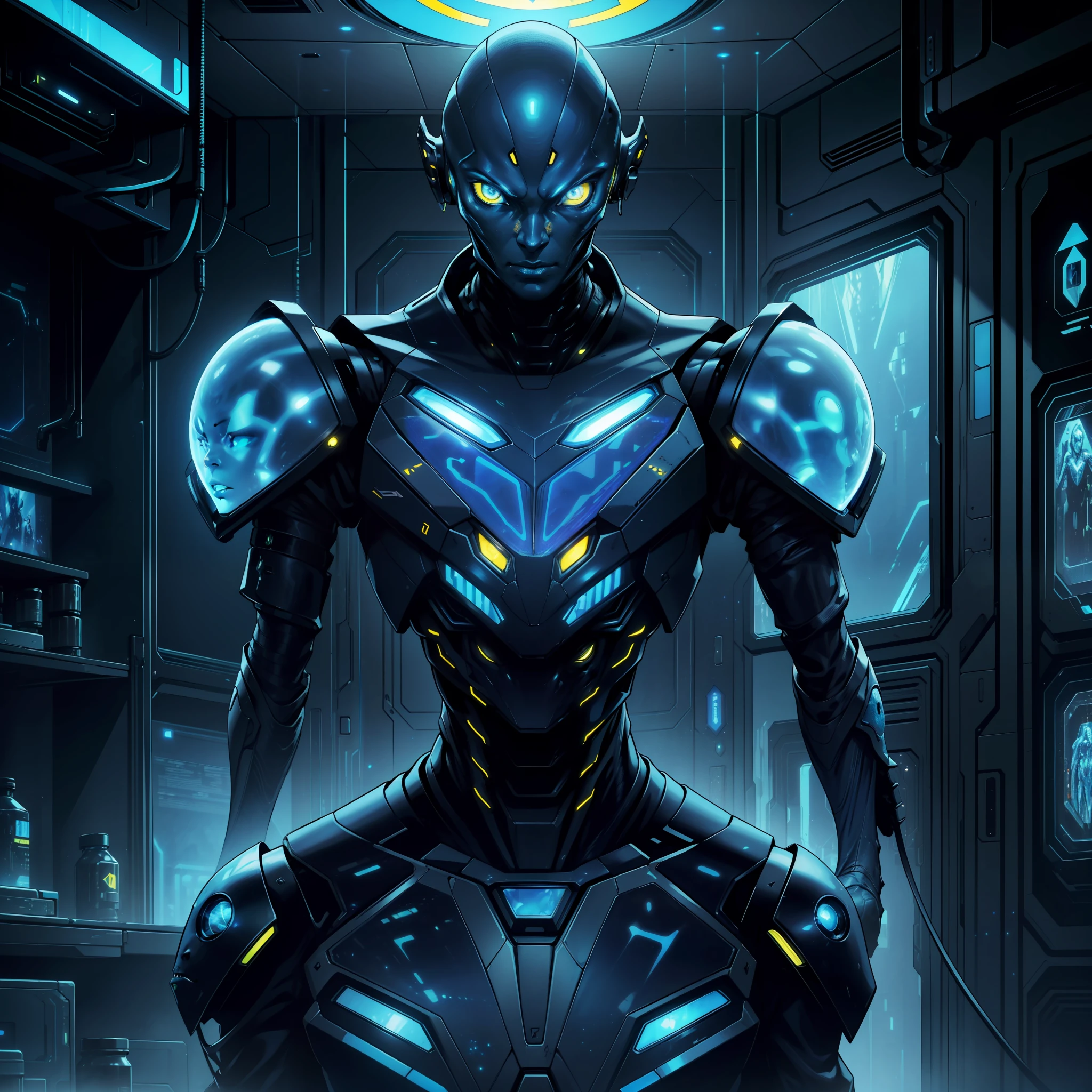 "(humanoid alien creature:1) (1man), dark theme :: feral face, insect face, alien star sector armor, ((extremely skinny)), :: ultra realistic futuristic alien, yellow eyes, (((blue skin)))), ((cyberpunk lab interior with lots of holograms, scifi high tech)) :: natural lighting :: bokeh :: 8k :: best quality :: masterpiece :: insanely detailed:1.5"