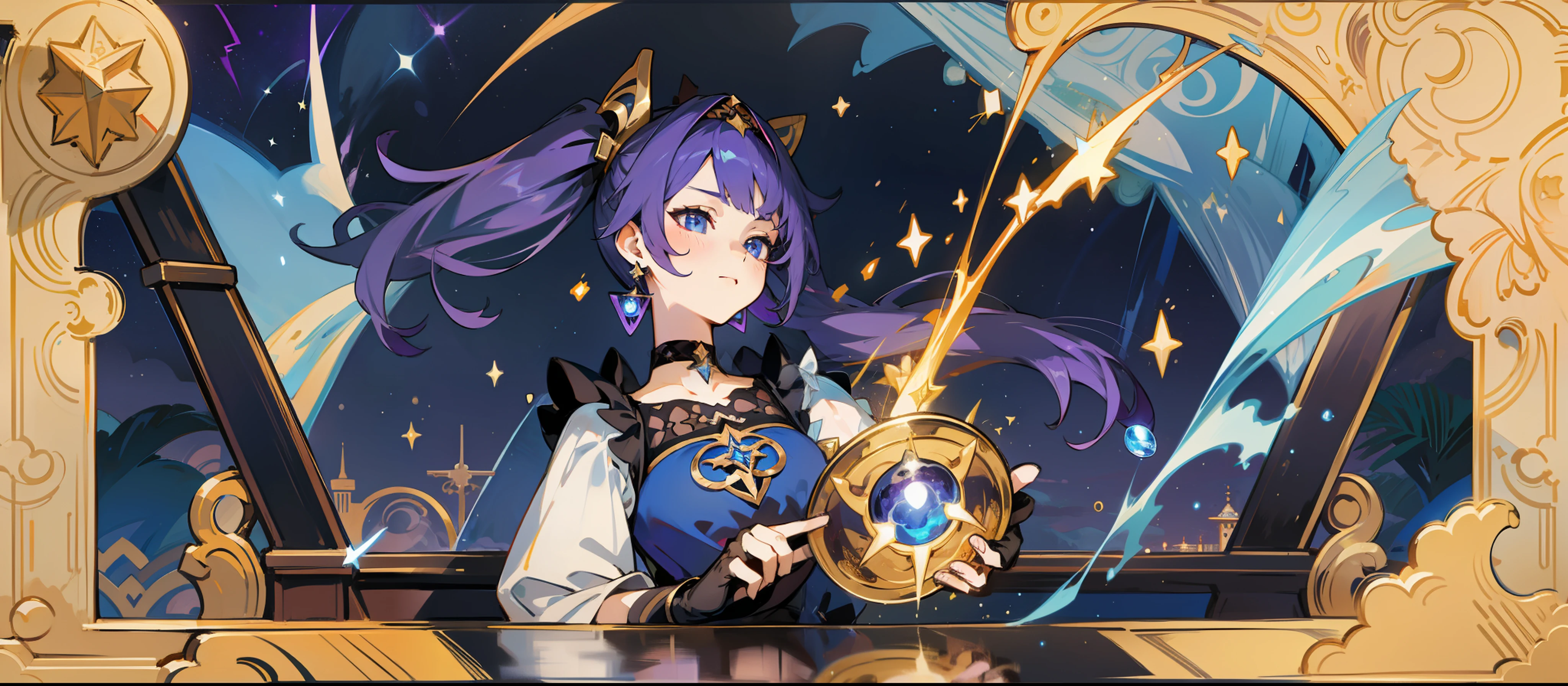 (1 girl), illustration, Mona \(Genshin Impact\), choker, star \(symbol\), witch, maid, blue eyes, shining eyes, dark purple hair, dark purple hair, long hair, ponytails, earrings, white ?????, gold jewelry, landscape, night, night sky, magic, fortune teller, oracle, prediction, magician, magician, miracle, black gloves, divination, reflection, water