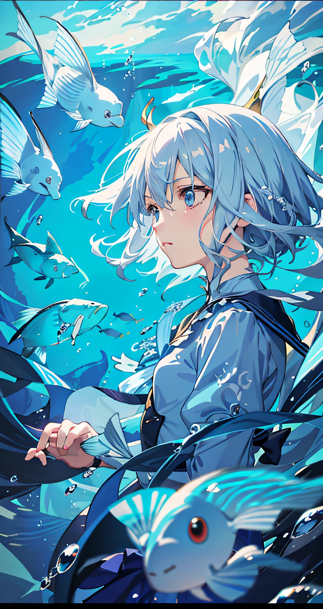 anime girl in a blue dress surrounded by fish, wallpaper anime blue water, splash art anime , official artwork, anime graphic illustration, ayanami, pixiv trending, in the ocean, pixiv, beautiful image, anime illustration, underwater, genshin, in the sea, cushart, pixiv style, by Yuumei, kawacy, 8k!
