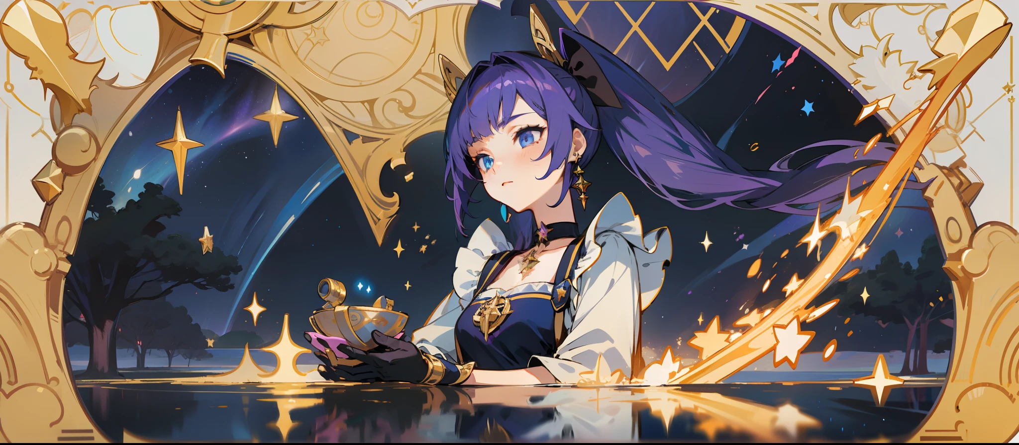 (1 girl), illustration, Mona \(Genshin Impact\), choker, star \(symbol\), witch, maid, blue eyes, shining eyes, dark purple hair, dark purple hair, long hair, ponytails, earrings, white apron, gold jewelry, landscape, night, night sky, magic, fortune teller, oracle, prediction, magician, magician, miracle, black gloves, divination, reflection, water