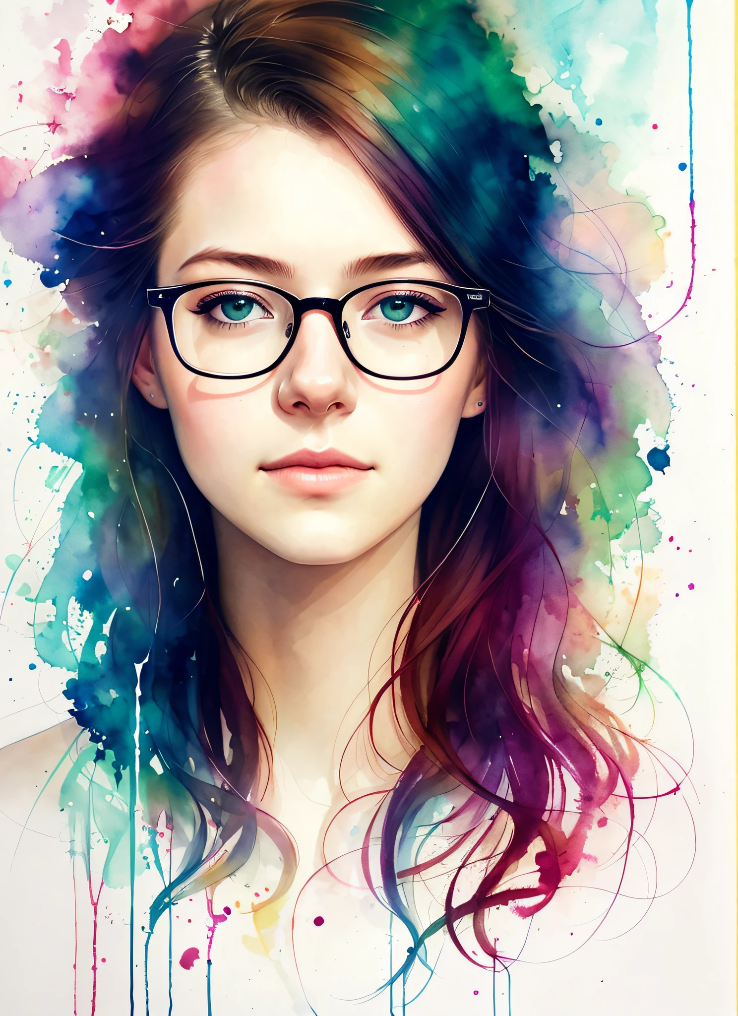 a painting by mse a woman wearing glasses by agnes cecile, luminous design, pastel colours, ink drips, autumn lights