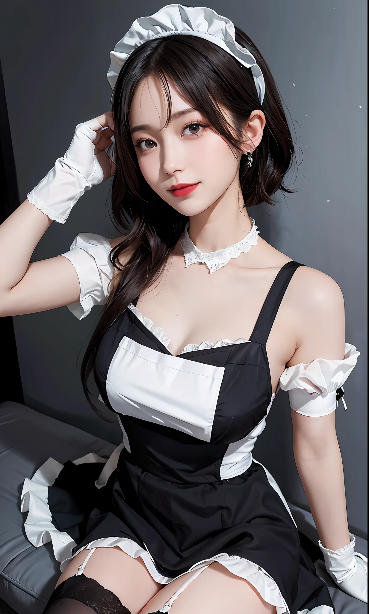 majicMIX Real, (Raw photo: 1.2), (Photorealistic: 1.4), beautiful detailed eyes, short hair, smile, huge file size, super detail, high resolution, very detailed, top quality, masterpiece, illustration, very detailed, CG, unified, 8k wallpaper, detail, masterpiece, top quality, light on face, movie lighting, 16 year old girl 1, clothes lift, dresses, dress lift, Garter straps, gloves, maid, maid headdress, neck ribbon, perfect hands, detailed fingers, beautiful detailed eyes, long hair, brown eyes, name tag, ceo, (maid clothes:1.2), maid cloth, mini swirl skirt, maid bandana, white stockings, wristband, detailed background, bedroom, perfect eyes, seductive eyes,sexy pose, white gloves, silver hair