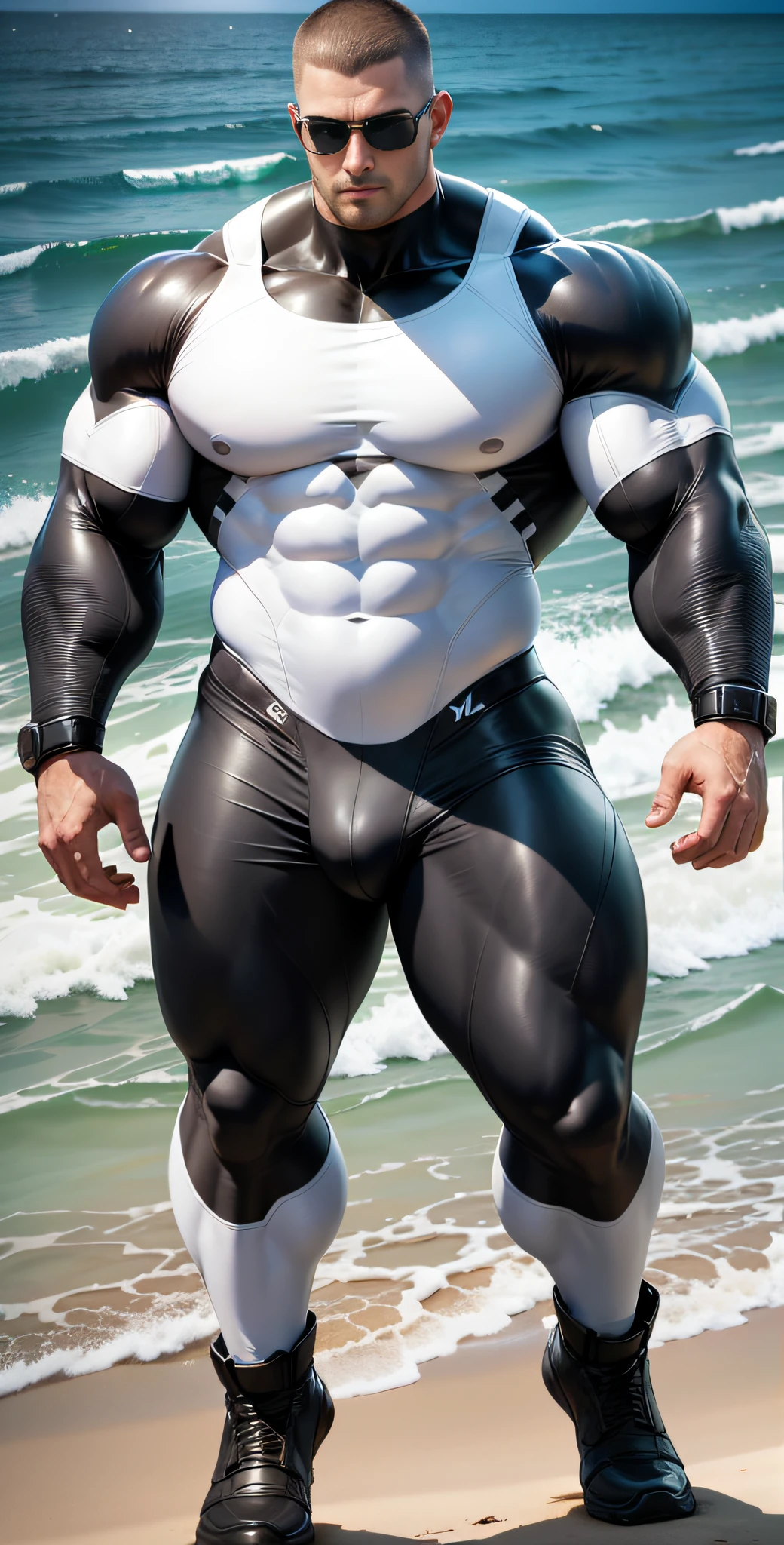 Allad man in white and black clothes standing on the sunny seashore, American round head, Buzz Cut, tall and burly, muscular male hero, heroic male pose, muscular! Wearing black sunglasses, spandex tight high elastic bodysuit, super buff and cool, high resolution committee, character design police, black army boots, charismatic strong male with spandex tight high elastic bodysuit