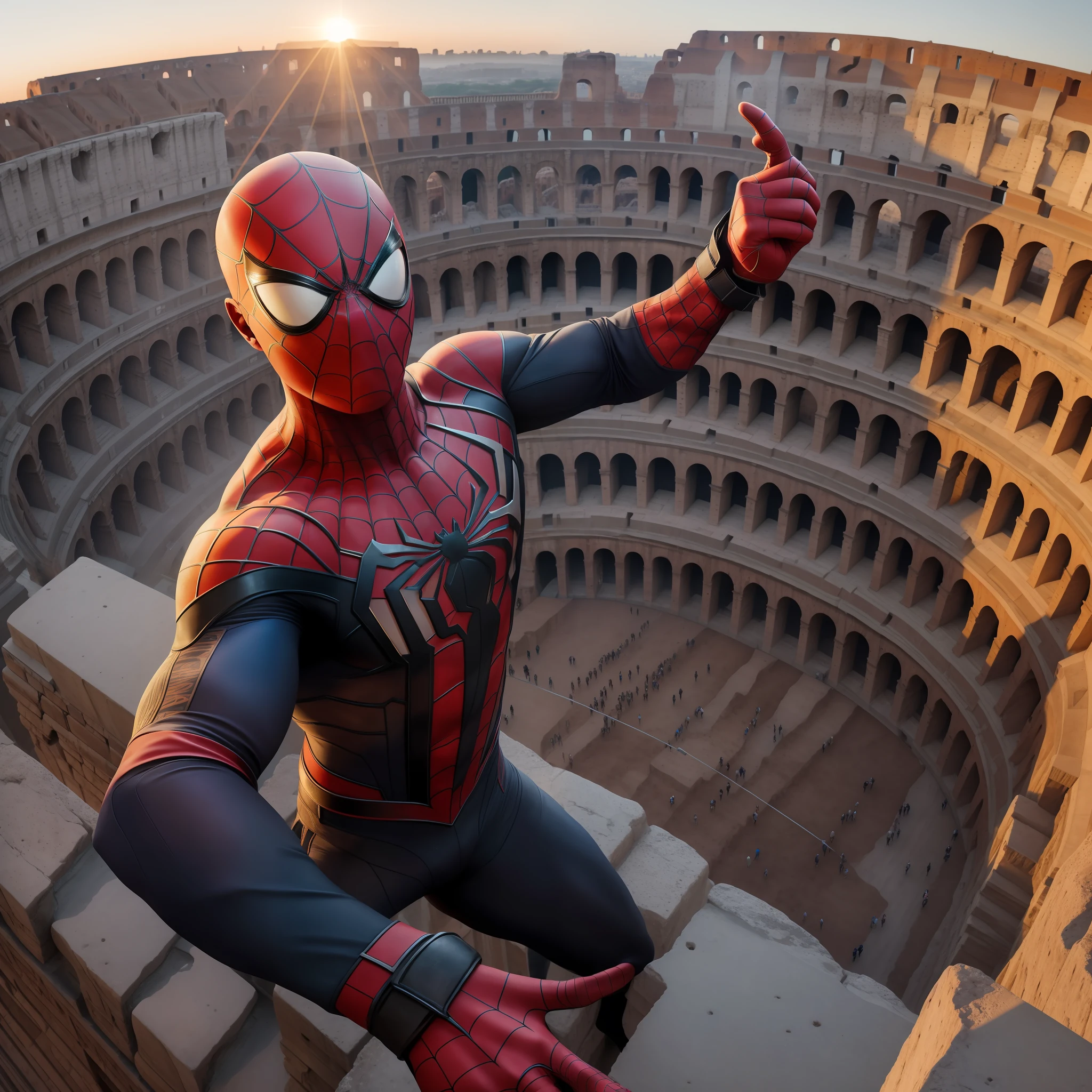 Spiderman dangles from a ledge of the Colosseum, capturing a daring selfie with the iconic structure as the backdrop. The sun sets, casting a warm glow on Spiderman's face and the ancient stone. His muscles tense with strength as he strikes a dynamic pose. The Colosseum stands tall, embodying the resilience of history. The photo is taken by David Yarrow with a Sony A9 and a wide-angle lens, capturing the full grandeur of the Colosseum. The lighting is a mix of studio lighting and colored gels, creating a dramatic and captivating atmosphere. 8K, Ultra-HD, Super-Resolution. --v 5 --q 2