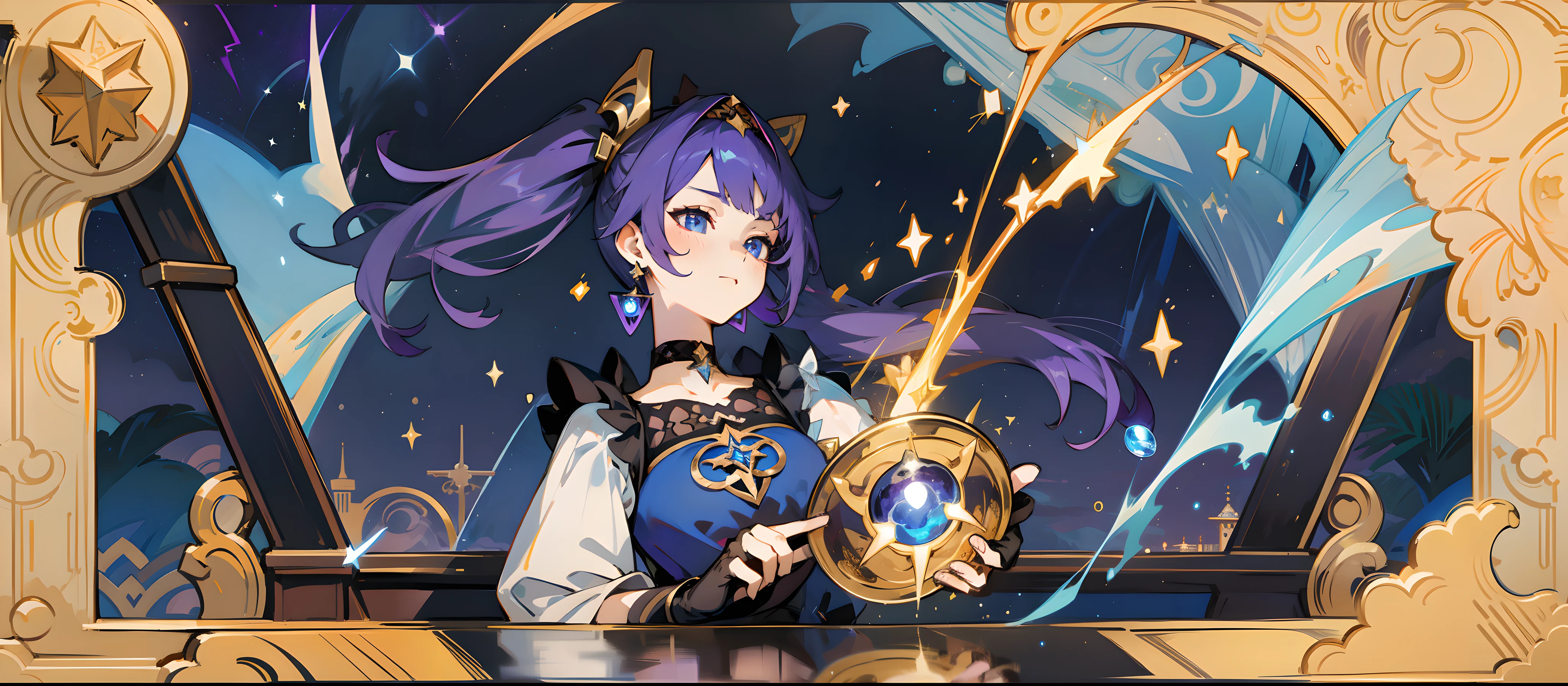 (1 girl), illustration, Mona \(Genshin Impact\), choker, star \(symbol\), witch, maid, blue eyes, shining eyes, dark purple hair, dark purple hair, long hair, ponytails, earrings, white apron, gold jewelry, landscape, night, night sky, magic, fortune teller, oracle, prediction, magician, magician, miracle, black gloves, divination, reflection, water