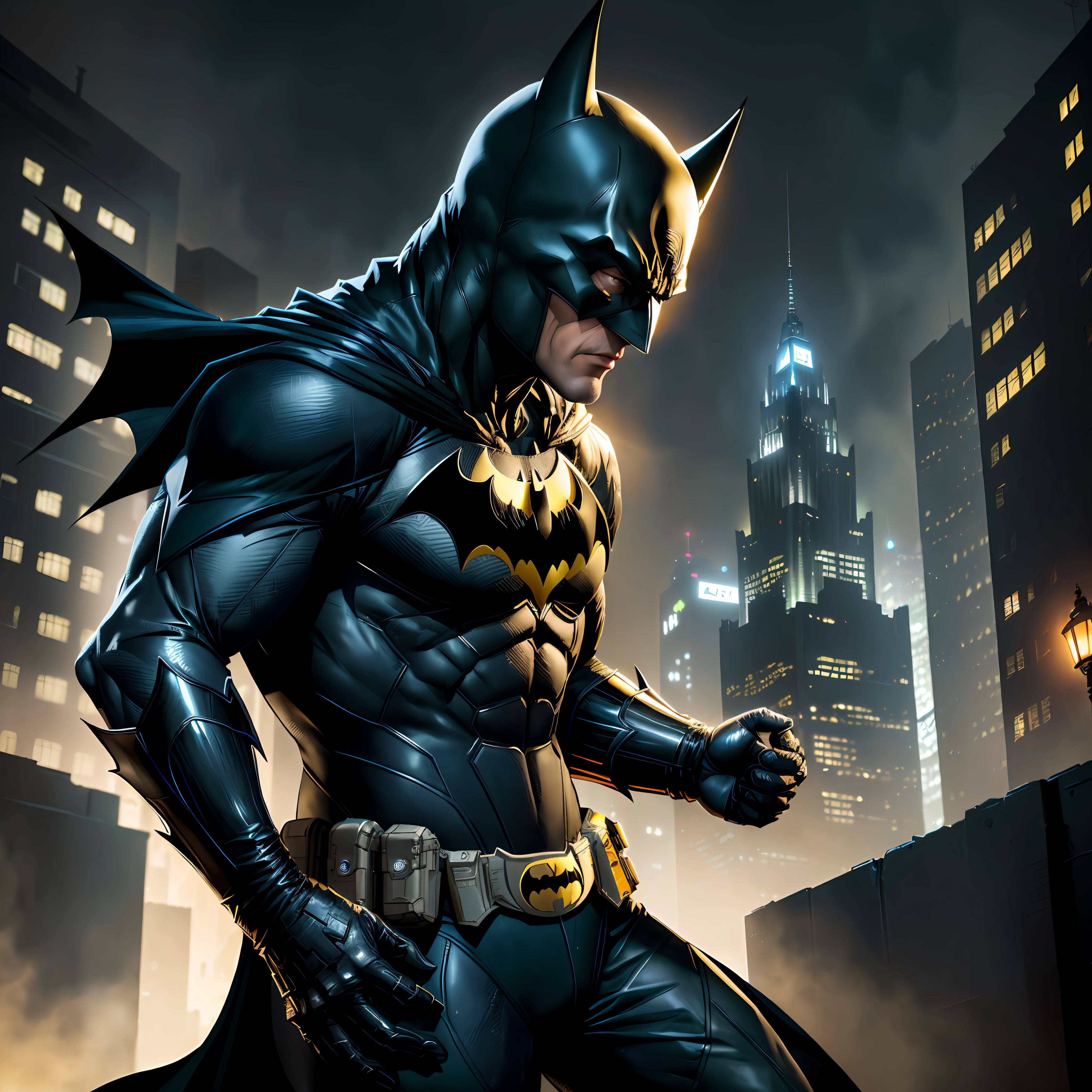 batman, massive, gadget, gotham city at night, final suit, full of scratches