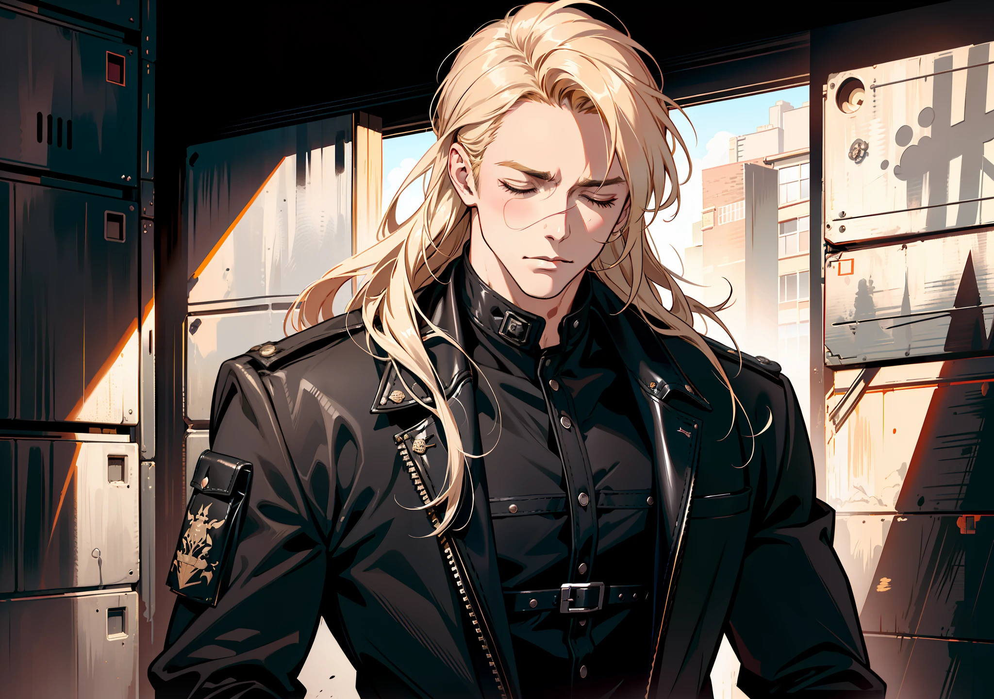 portrait, ((closed eyes)), ((flushed cheeks)), ((embarrassed)), (absurd res, high res, ultra detailed), 1 male, adult, handsome, tall muscular guy, broad shoulders, blonde long hair, red eyes, finely detailed eyes, looking at viewer, solo, no background, detailed face, smirk, renegade, rugged dark leather clothes, small leather pouch, high fantasy medieval setting, smuggler hideout background, stealth, undercover, (crates in background), shadows, fog, (dutch angle), ((portrait)), black shirt, black jacket