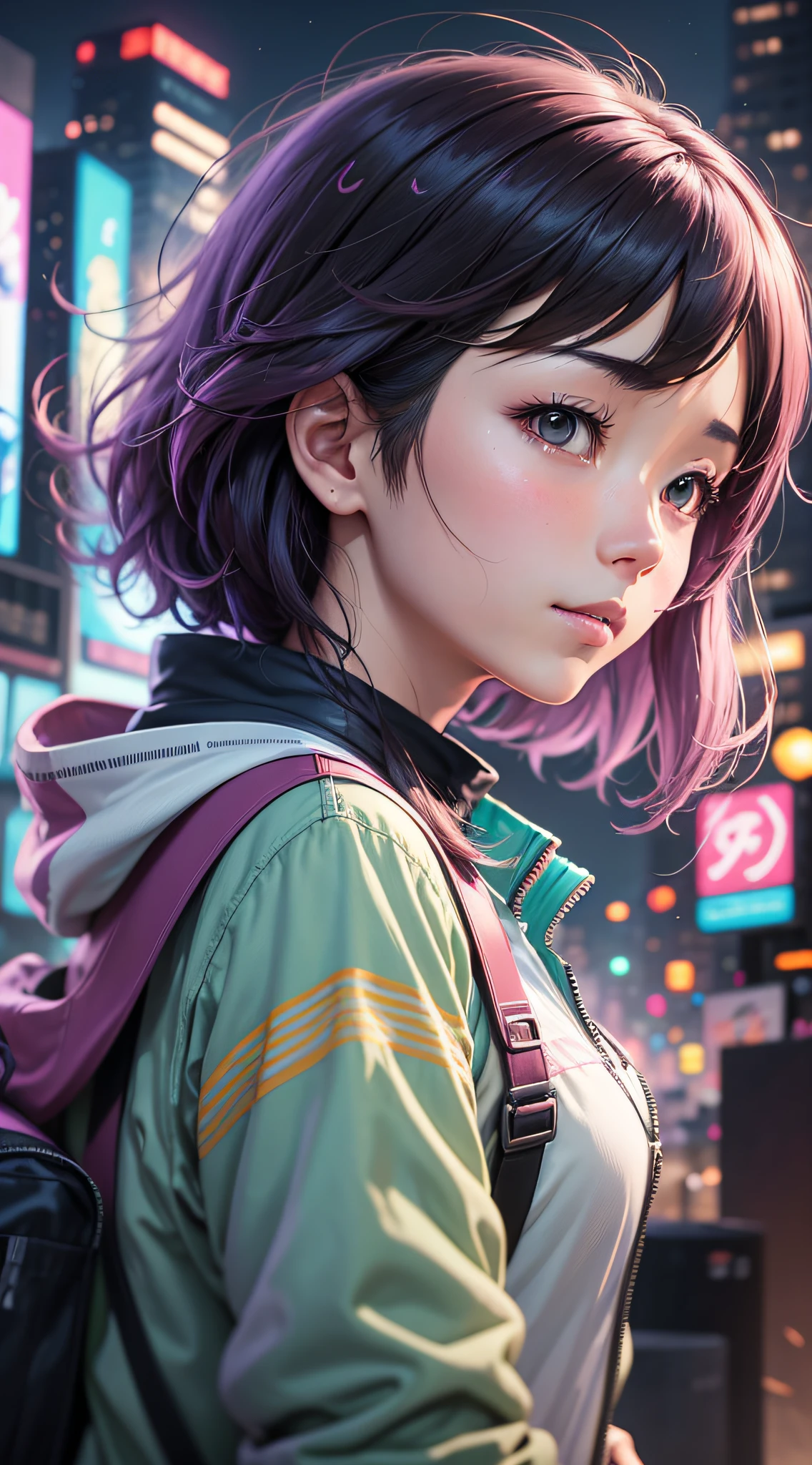 Colorful profile picture of a female character in an anime style. It has distinct characteristics from the anime Oshi no Ko. The scene takes place in a futuristic city with neon lights. The environment is exciting and adventurous. The camera settings are a digital camera with a low ISO setting. The lens is a zoom lens with a medium aperture. The character design is inspired by Japanese illustrator and animator, Akiko Stehrenberger, and photographed by Makoto Shinkai, the director of Your Name