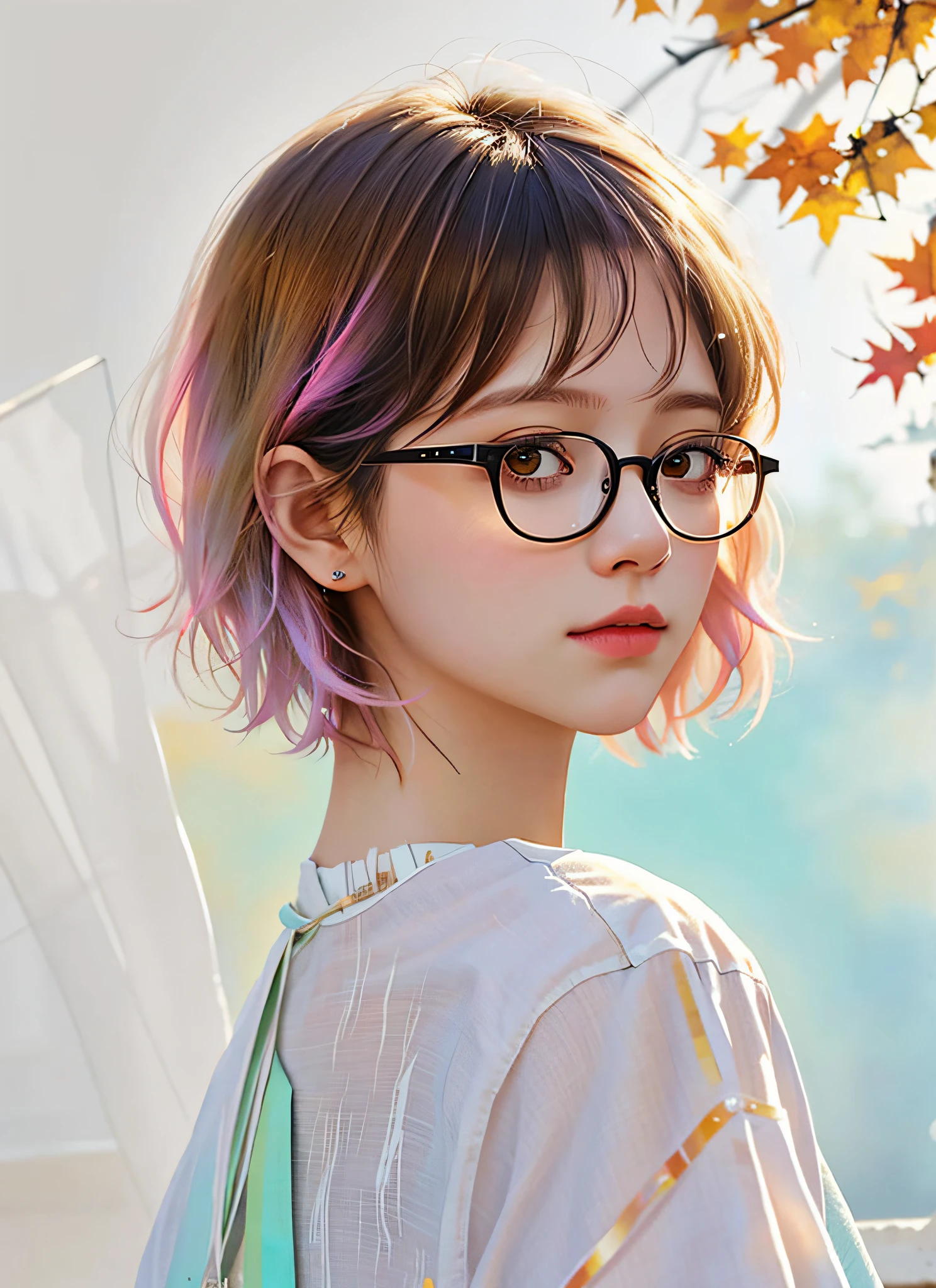 a painting by mse a woman wearing glasses by agnes cecile, short hair, luminous design, pastel colours, ink drips, autumn lights