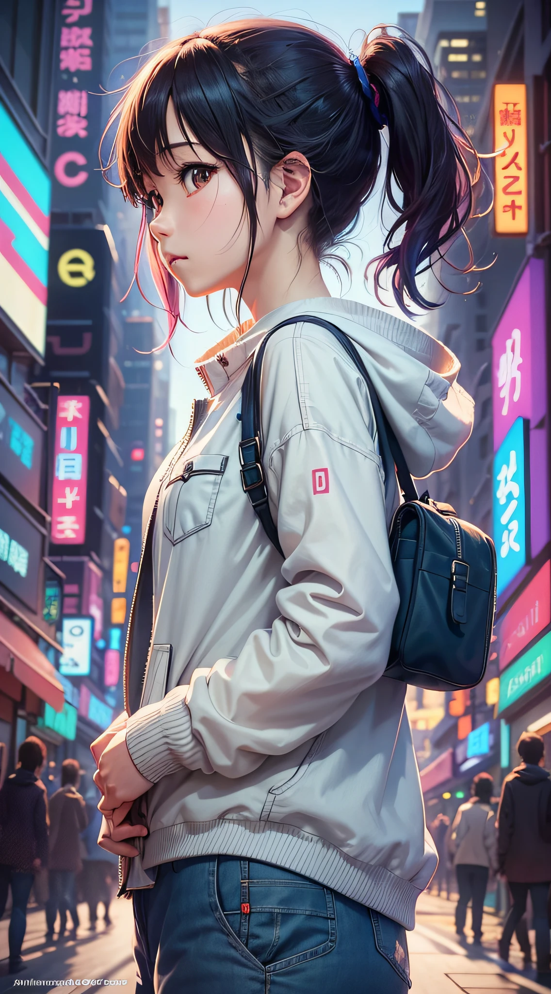 Colorful profile picture of a female character in an anime style. It has distinct characteristics from the anime Oshi no Ko. The scene takes place in a futuristic city with neon lights. The environment is exciting and adventurous. The camera settings are a digital camera with a low ISO setting. The lens is a zoom lens with a medium aperture. The character design is inspired by Japanese illustrator and animator, Akiko Stehrenberger, and photographed by Makoto Shinkai, the director of Your Name