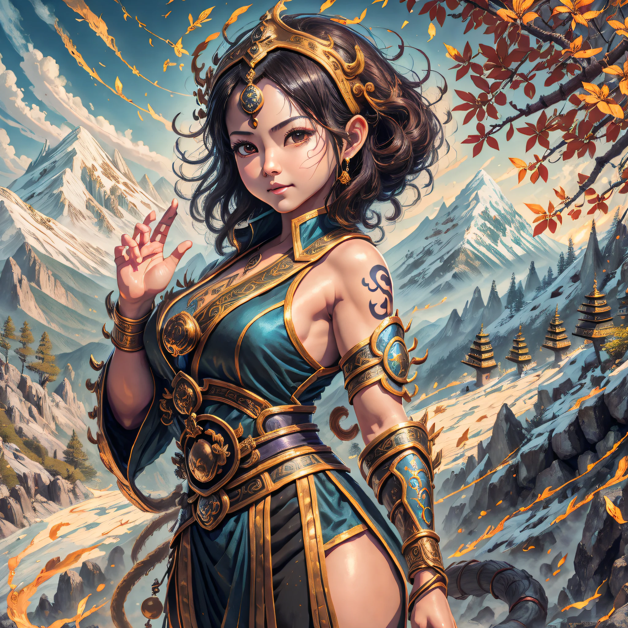 (Masterpiece, 4K resolution, ultra-realistic, very detailed), (Oriental superhero theme, full of charm, there is a girl at the top of the town, wearing a Monkey King costume, she is a superhero,[(5 ),(Duan black hair: 0.5),Full body,(Black eyes: 1.2),((Hands crossed at the waist), looking at the sky),((Mountaintop time-lapse environment):0.8)|(Stone Mountain view, morning), (The sun has just risen))] # Note: The prompt mainly describes ultra-high-definition 4K paintings, which are very realistic , very detailed. It shows a superhero like a little gi climbs to the top of the mountain dreaming of becoming a Monkey King, wearing a Monkey King costume. The theme in the painting is the theme of the legend of the Monkey King, the heroine has short black hair, is 5 years old this  her whole body is shown in the painting. --auto --s2