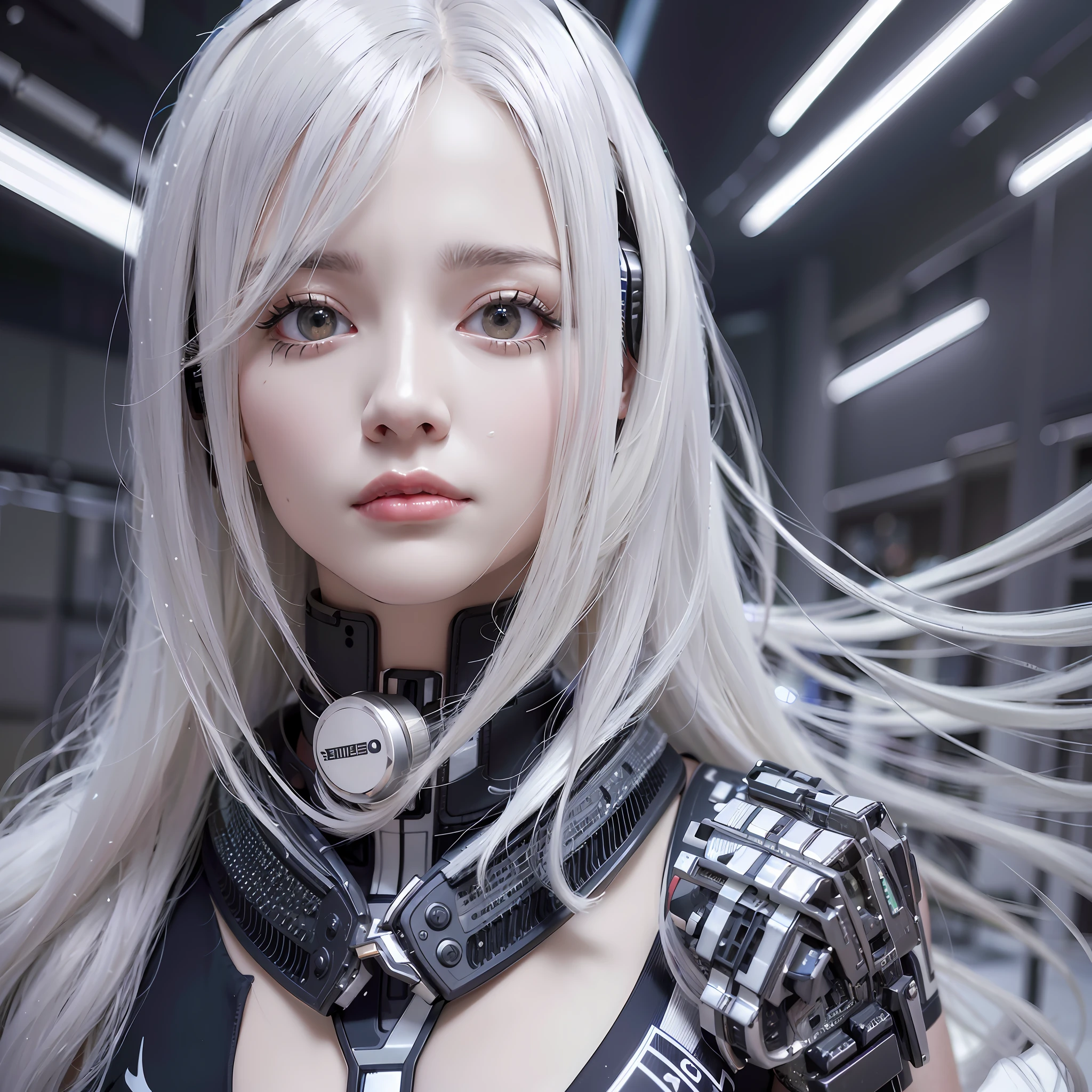 Close up of woman with long white hair in black and silver costume, cyborg - girl with silver hair, beautiful white girl cyborg, perfect android girl, cute cyborg girl, 3d rendering character art 8k, beautiful girl cyborg, beautiful female android, female cyberpunk anime girl, beautiful female android!, perfect anime cyborg female, cyborg girl, beautiful eyes, tears mole, full view