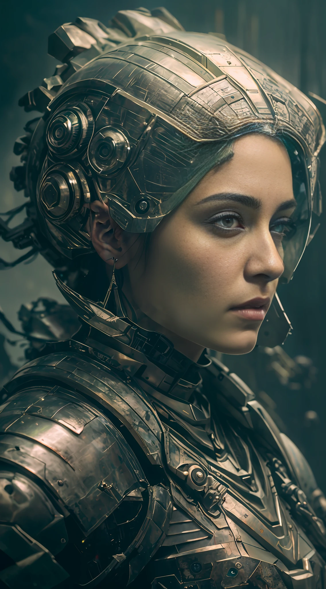 arafed woman in armor with a large metal headpiece, portrait beautiful sci - fi girl, wojtek fus, beautiful female neuromancer, portrait of a sci - fi woman, girl in knight armor, cinematic. by leng jun, portrait armored astronaut girl, beutiful girl cyborg, still from alita, cinematic close-up bust shot