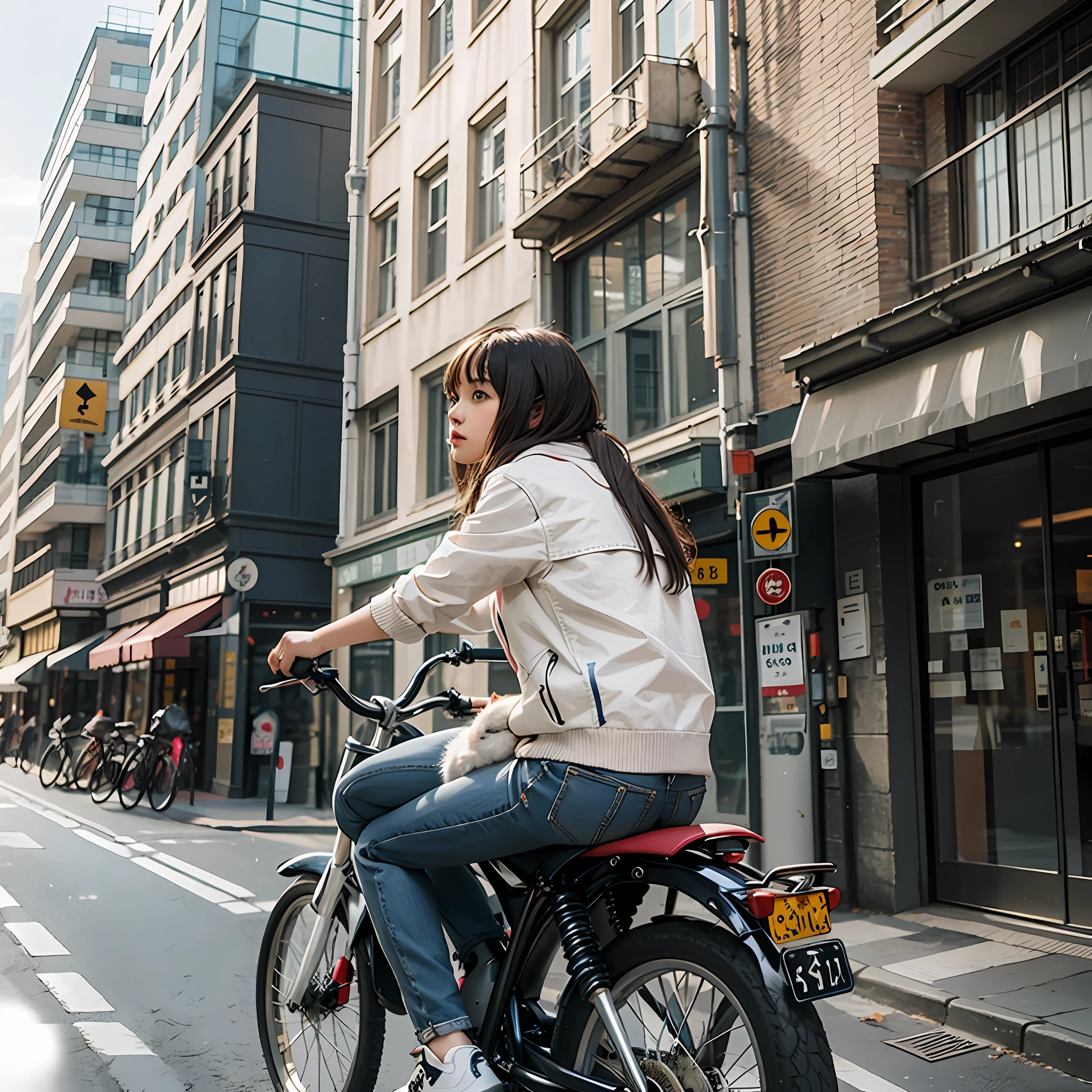 1 girl on a dog, street background