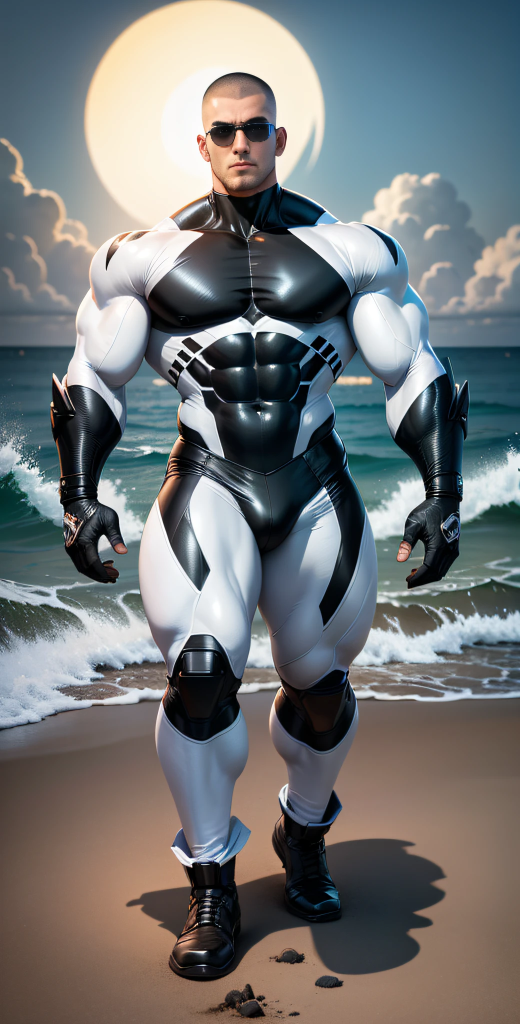 Allad man in white and black clothes standing on the sunny seashore, American round head, Buzz Cut, tall and burly, muscular male hero, heroic male pose, muscular! Wearing black sunglasses, spandex tight high elastic bodysuit, super buff and cool, high resolution committee, character design police, black army boots, charismatic strong male with spandex tight high elastic bodysuit