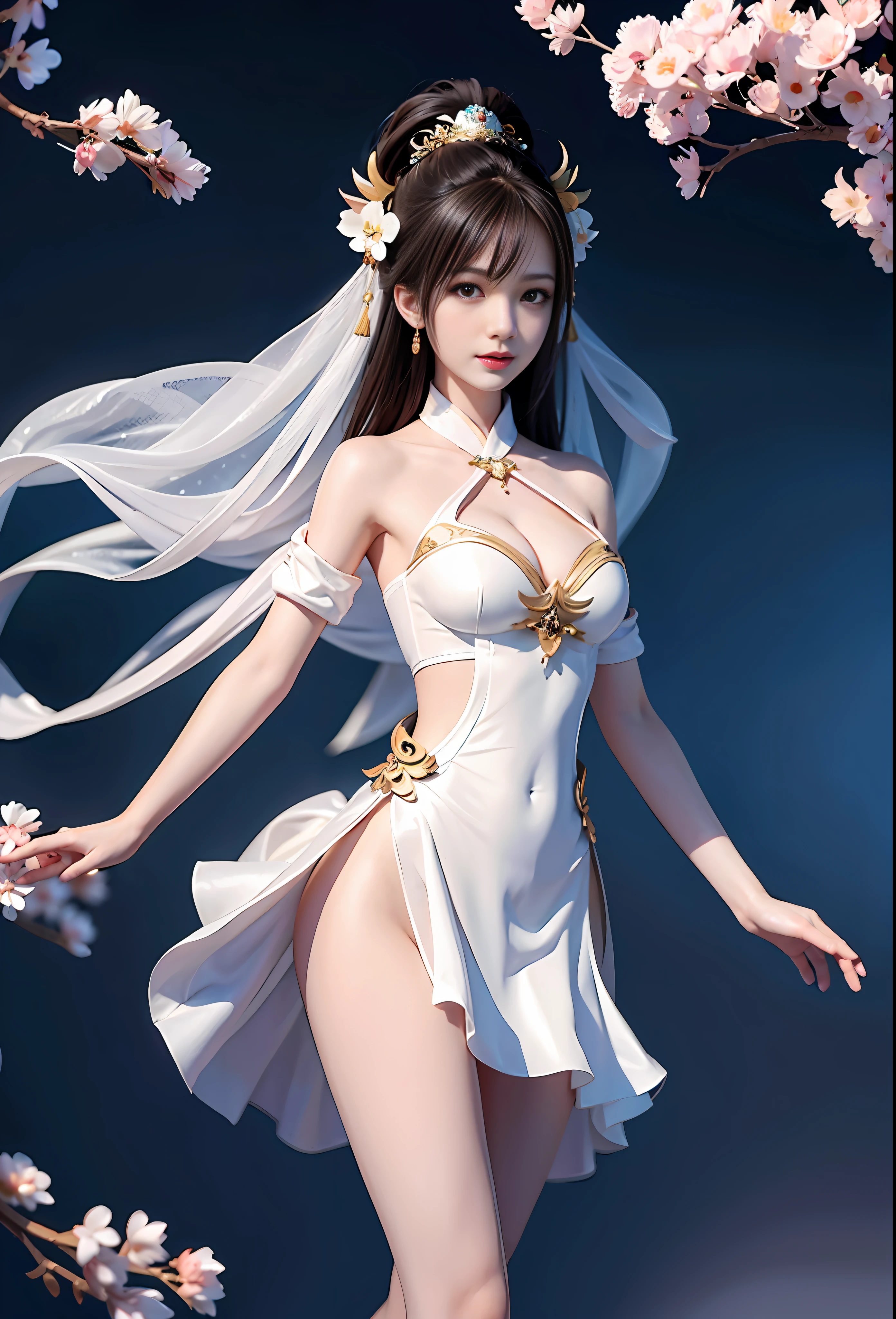 Super beautiful Chinese woman in white fairy dress, perfect body, bare shoulders, bare breasts, bare belly, bare legs, transparent, drenched, charming figure,