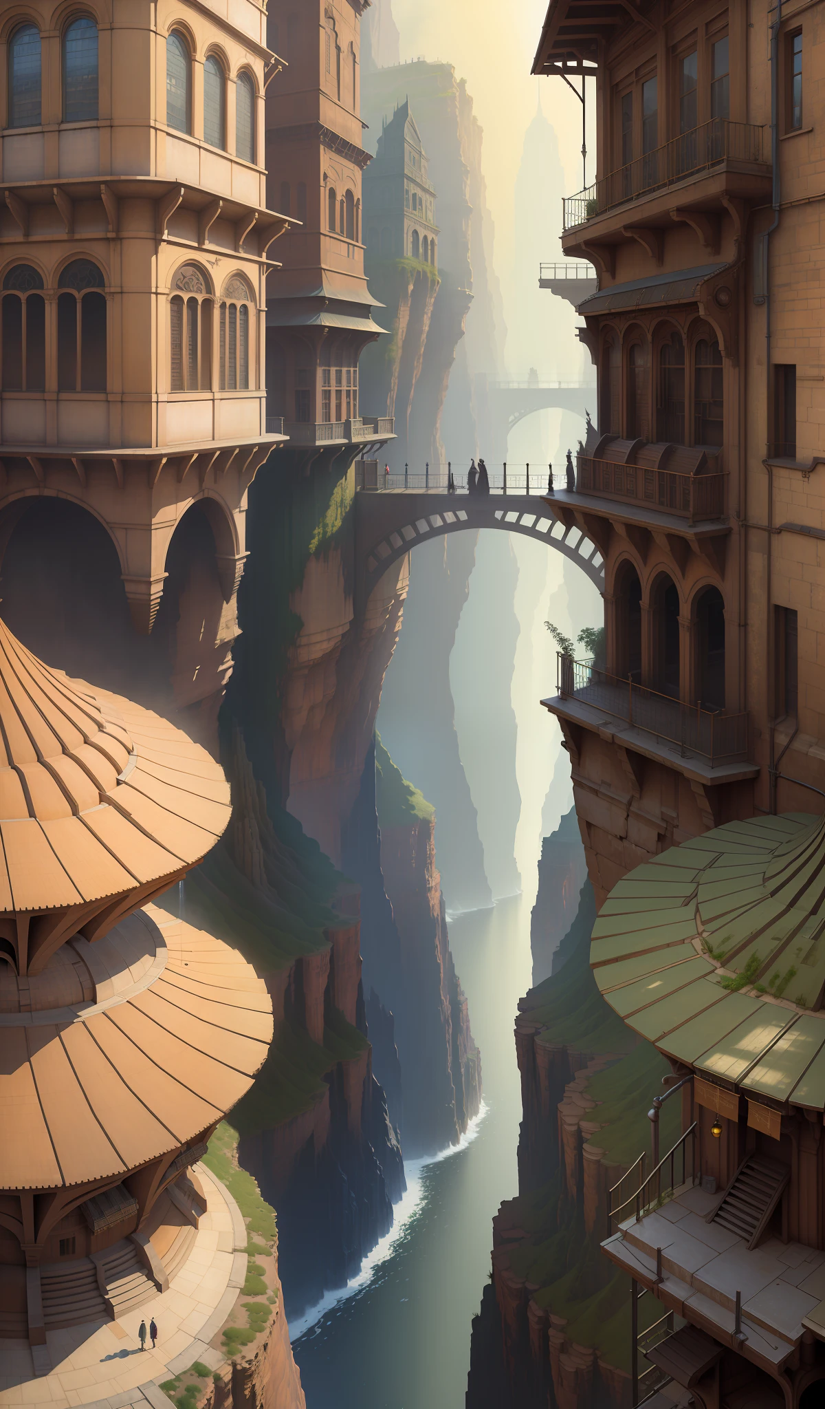 ((masterpiece)),((best quality)),((high detial)),((realistic,)) Industrial age city, deep canyons in the middle, architectural streets, bazaars, Bridges, rainy days, steampunk, European architecture