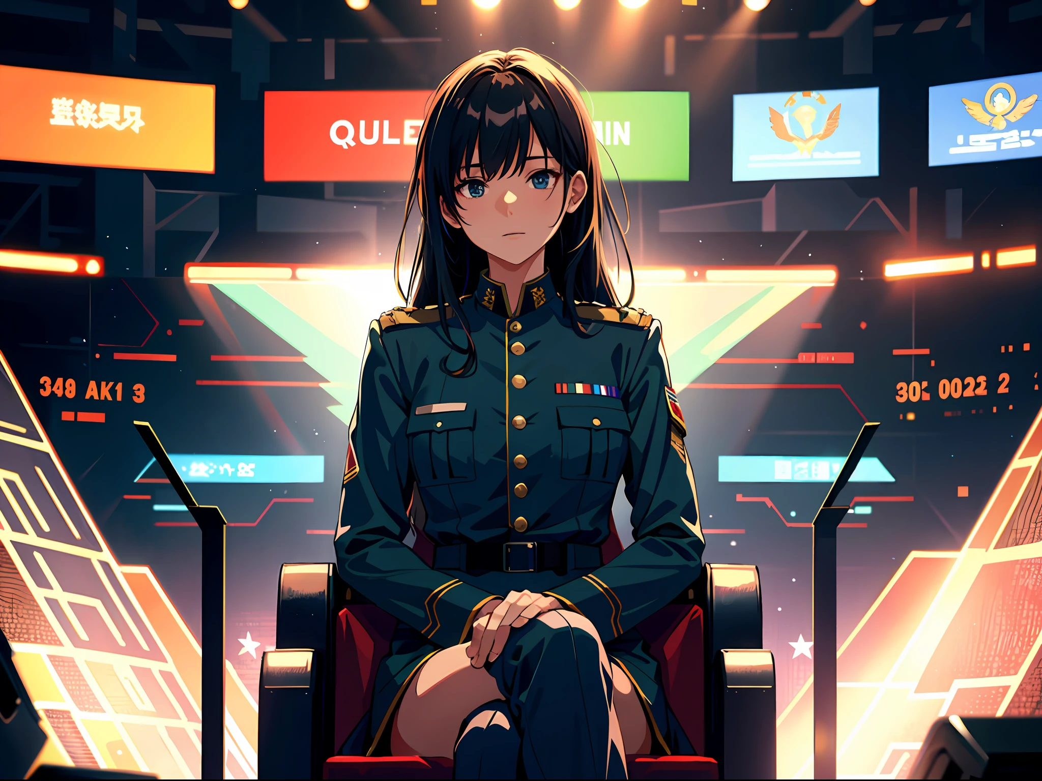 High resolution, highest quality, illustrations, super detail, a female host in military uniform is standing in front of the speech stage, behind an oversized electronic screen, soft spotlights, and many people sitting underneath