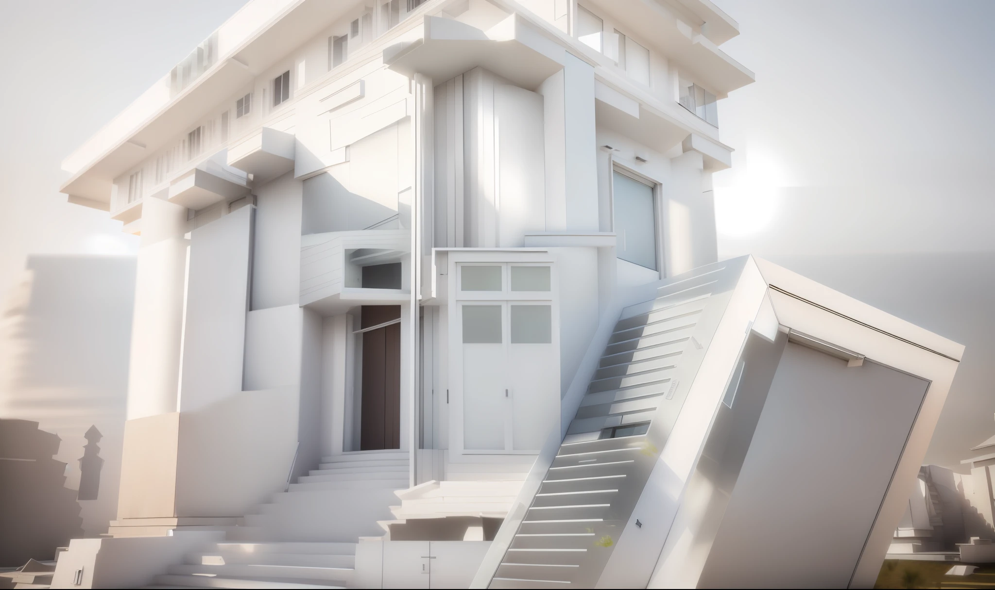 a rendering of a small house with a lot of windows, concept house, front-view, sketch - up, front elevation view, frontview, detailed rendering, front perspective, architectural concept, complete house, rendered 3d model, all white render, concept image, 3d finalrender, 3 d finalrender, modern lush condo as shopfront, conceptual