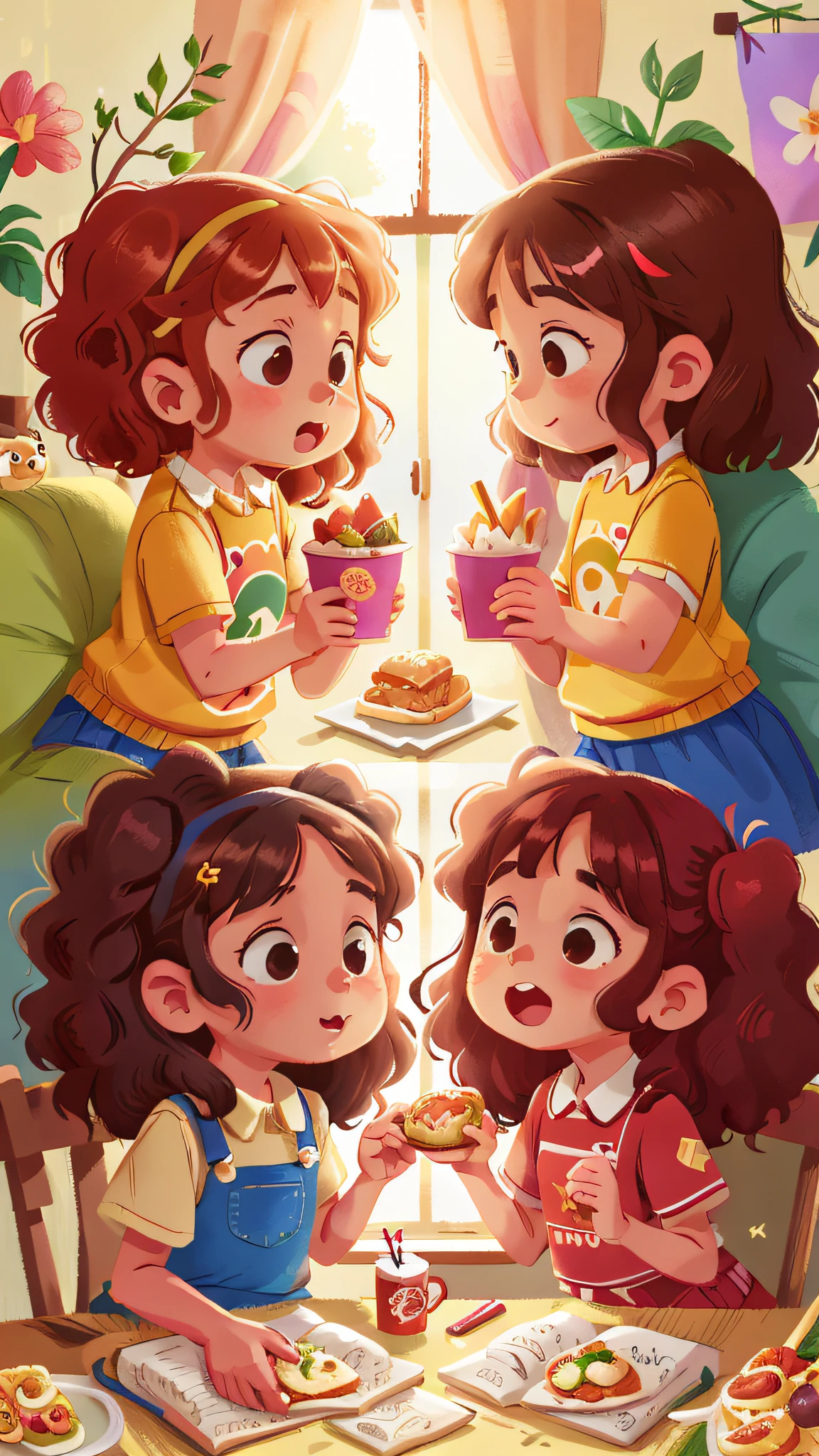 Two girls, twins, curly brown hair, having lunch with the family