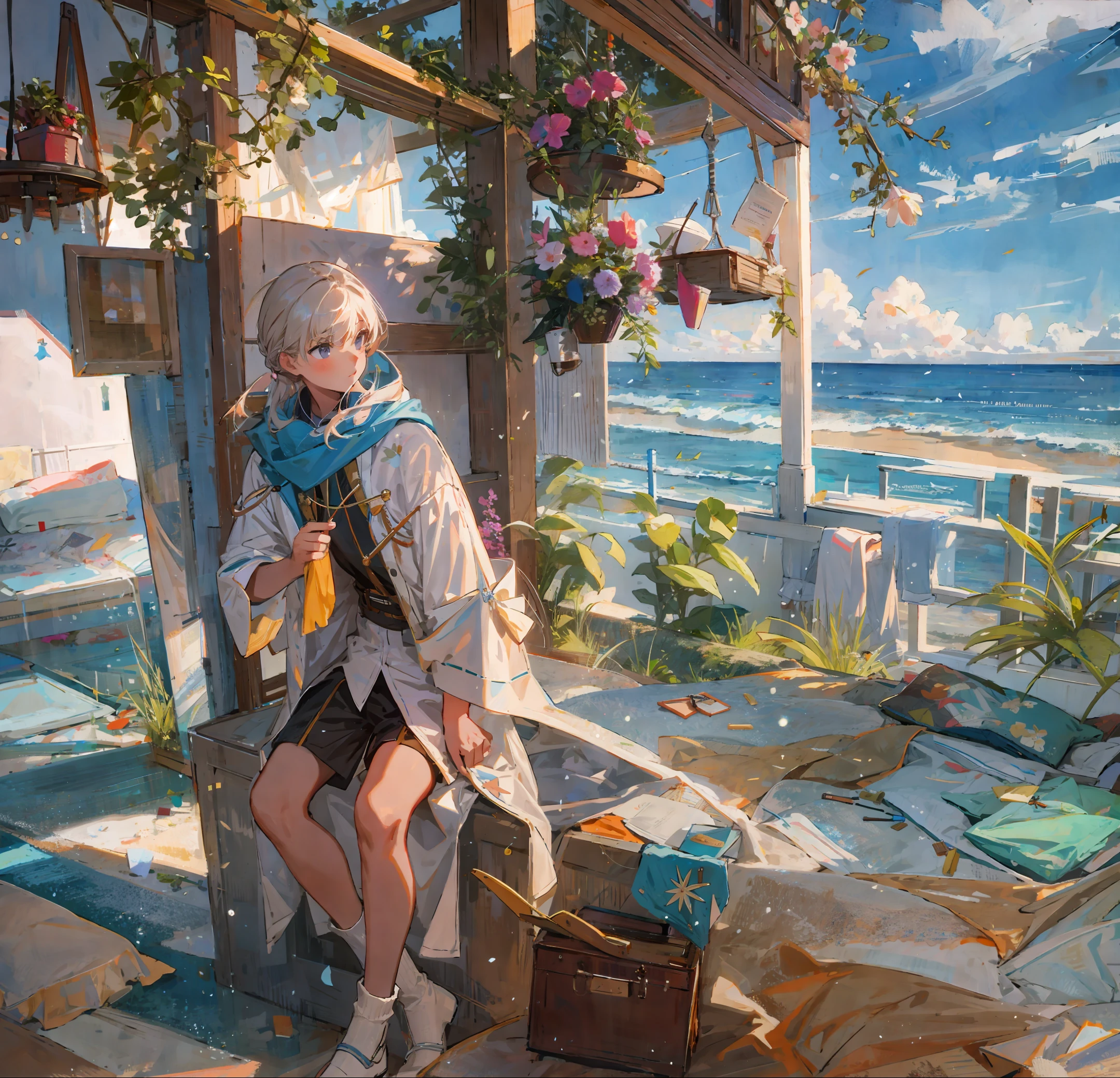 Bed, wardrobe, window by the sea