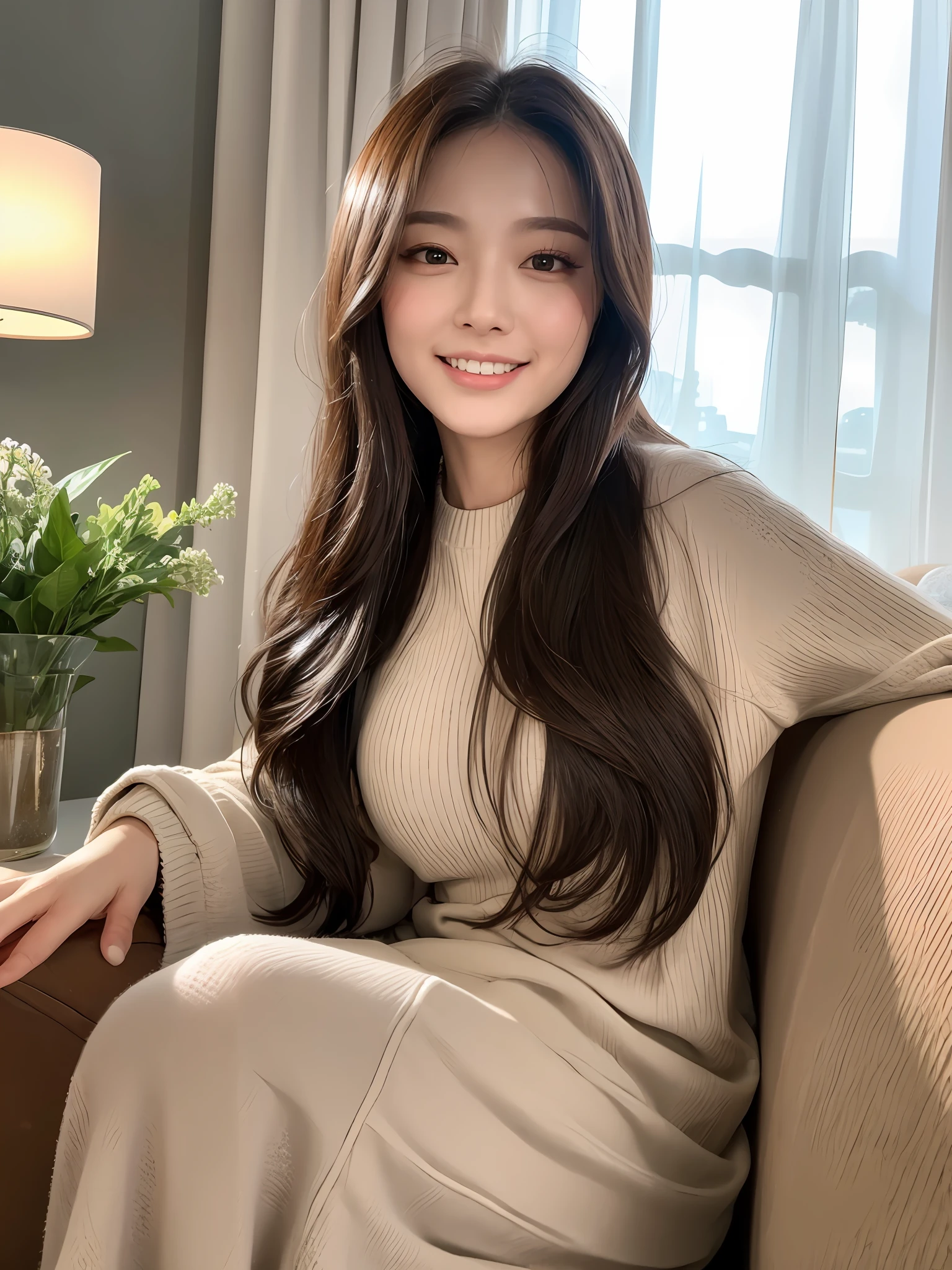 (A GIRL: 1.6), (lora:russianDoll:0.4), (lora:TaiwanDoll:0.4), (best quality, 8k, masterpiece: 1.3), focus 1.2, perfect body beauty: 1.4, highly detailed face and skin texture, detailed eyes, double eyelids, whitened skin, long hair split edges, (round face: 1.5)), looking at the audience, leaking teeth and laughing, sitting next to the audience, window, (Full body: 1.1), home, sofa, lamp, tea cup, TV, coffee table, flowers, (warm color: 1.5), (dim light: 1.2)