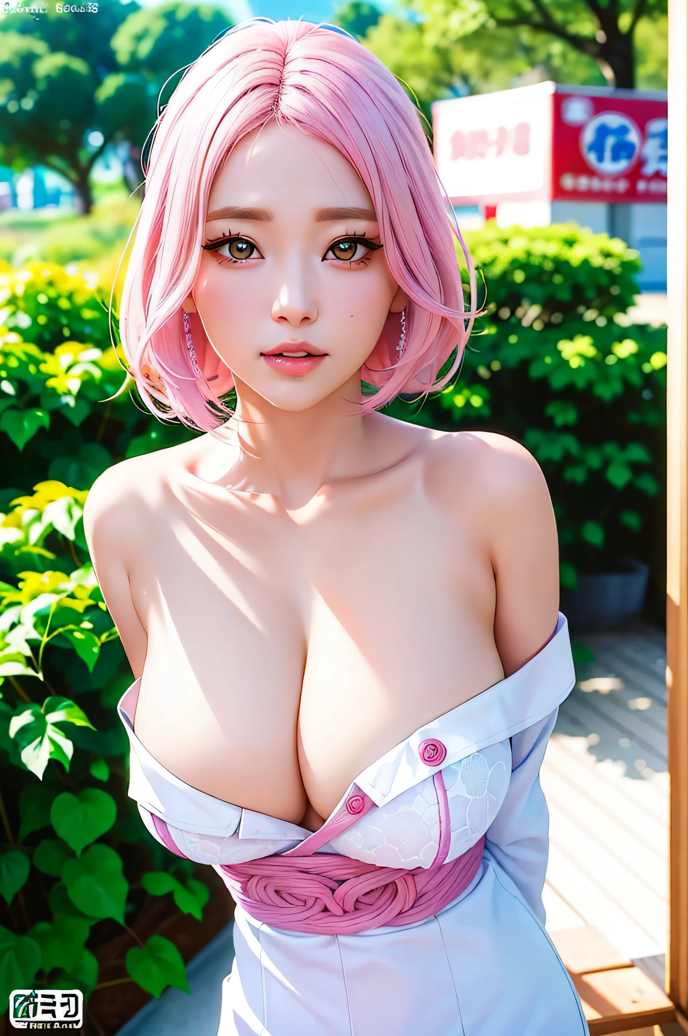 龙珠人造人18号, masterpiece, Bulma character, best quality, ultra-detailed, illustration,(1girl),beautiful detailed eyes, looking at the viewer, closely, (breast focus), (arms behind back:1.2), (from above:1.1), pink hair, huge breasts, (breasts out:1.3), (off the shoulder:1.1), underwear,