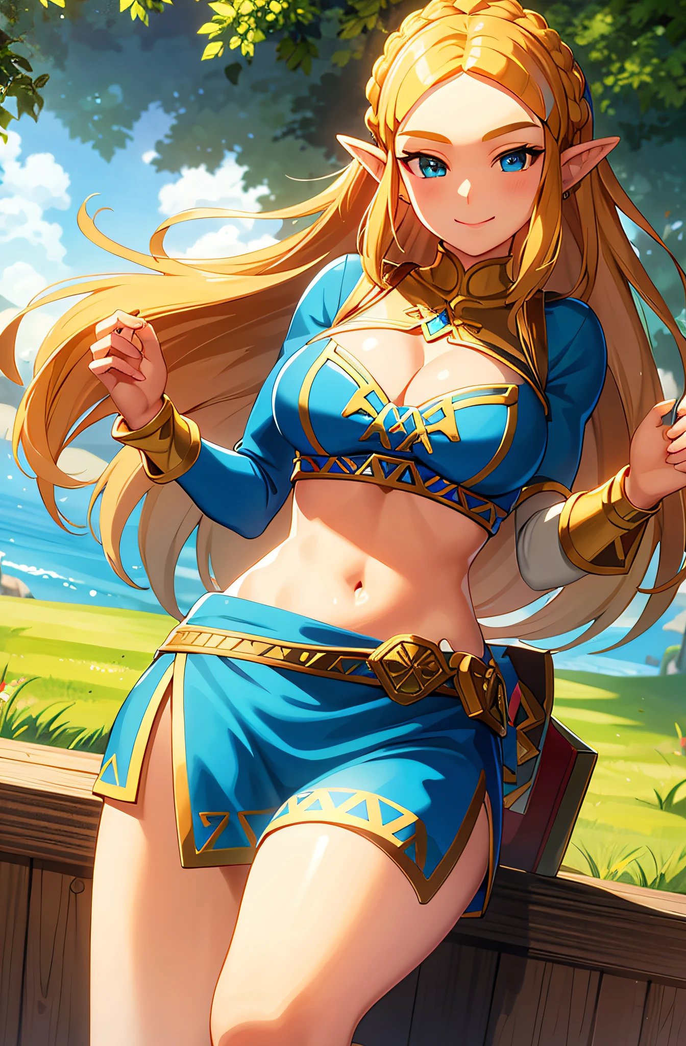 masterpiece,best quality,zelda\(princess\), 1girl, solo, large breasts, cleavage, smile, long_hair, crop top