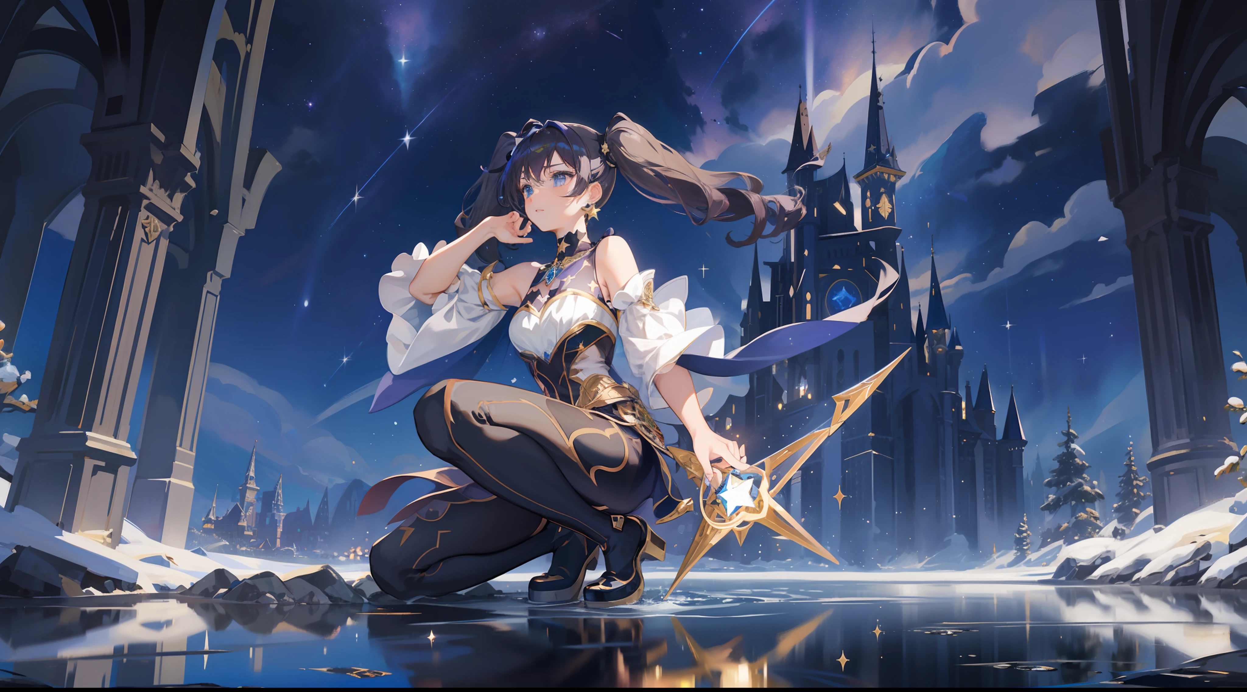 girl, solo, Mona \(Genshin Impact\), choker, hair between eyes, star \(symbol\), long hair, dark purple hair, twintails, blue eyes, shining eyes, earrings, jewelry, witch, maid, bangs, black shoes, landscape, night sky, star \(sky\), starry sky, night, outdoor, clouds, reflection, water, magic, tarot, water magic, sorceress, fairy, ((beautiful golden crystal star))