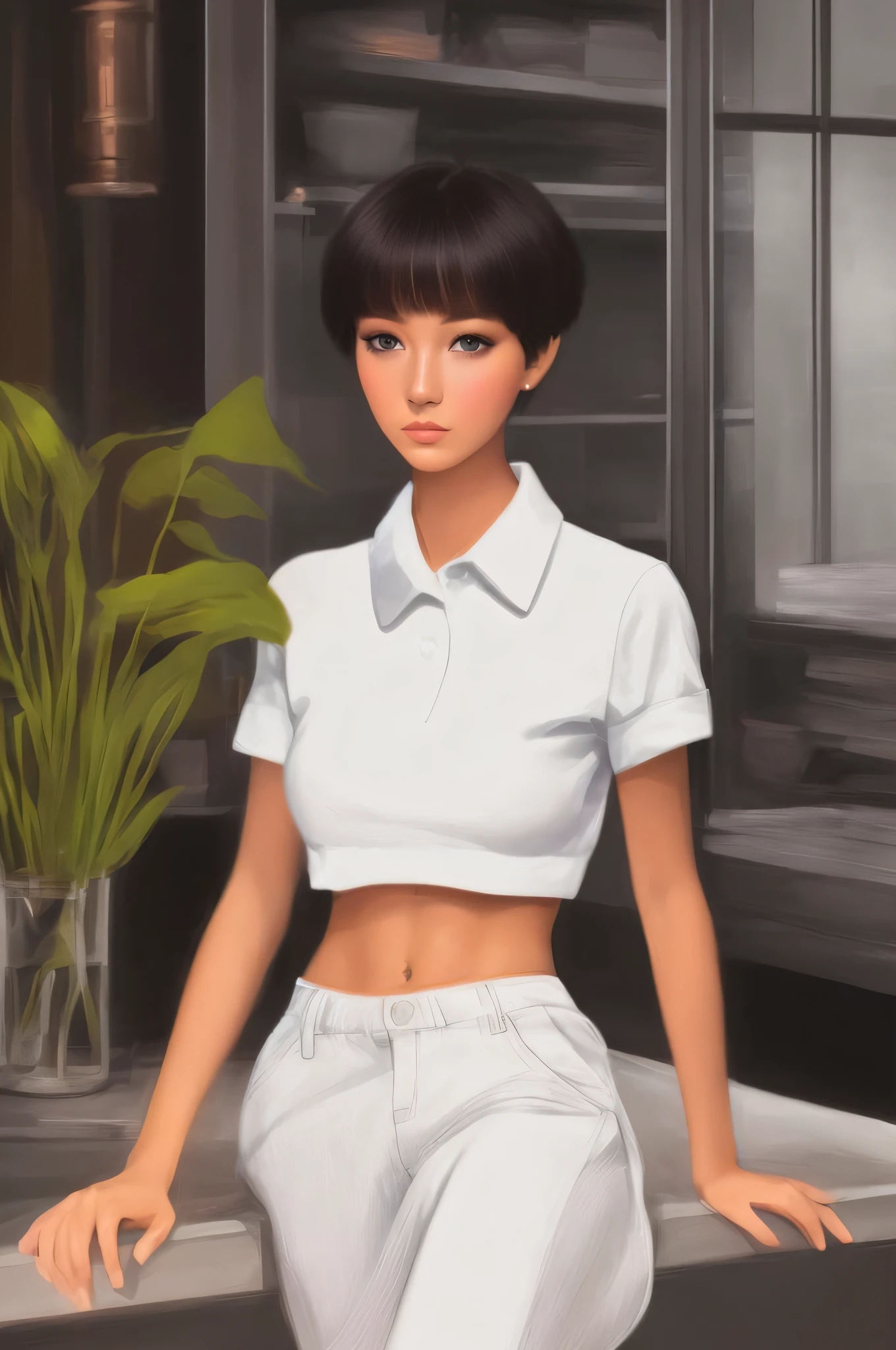 cmodel, digital illustration, (masterpiece:1.2), high quality, detailed eyes, extremely beautiful young female, short hair, streetwear, thicc, (abs:1.2), (bloom:1.2)