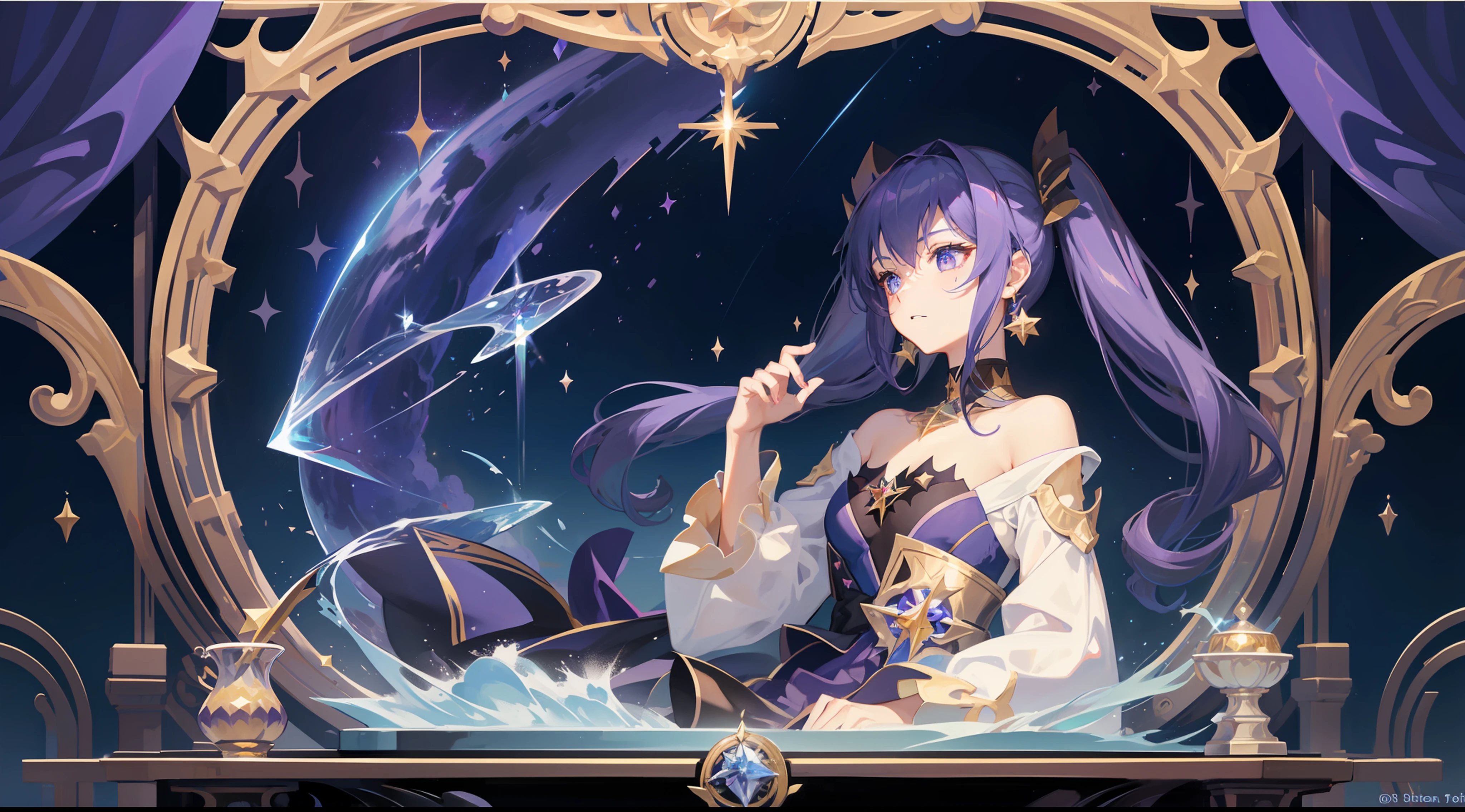 girl, solo, Mona \(Genshin Impact\), choker, hair between eyes, star \(symbol\), long hair, dark purple hair, twintails, blue eyes, shining eyes, earrings, jewelry, witch, maid, bangs, purple and black dress, purple skirt, white apron, landscape, night sky, star \(sky\), starry sky, night, outdoor, clouds, reflection, water, magic, tarot, water magic, sorceress, fairy, ((beautiful golden crystal star))