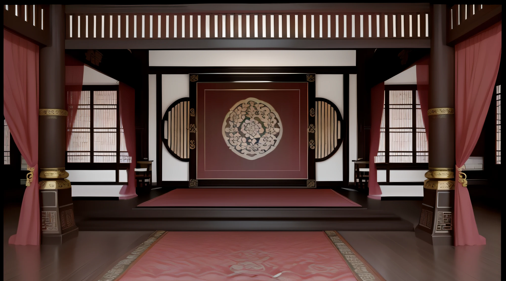 there is a large oriental style room with a pink carpet, traditional korean interior, asian interior decoration, korean traditional palace, with ancient chinese aesthetic, beautiful render of tang dynasty, chinese style, exquisitely designed throne room, traditional chinese, interior background art, inspired by Sesshū Tōyō, detailed set design, virtual set, personal room background