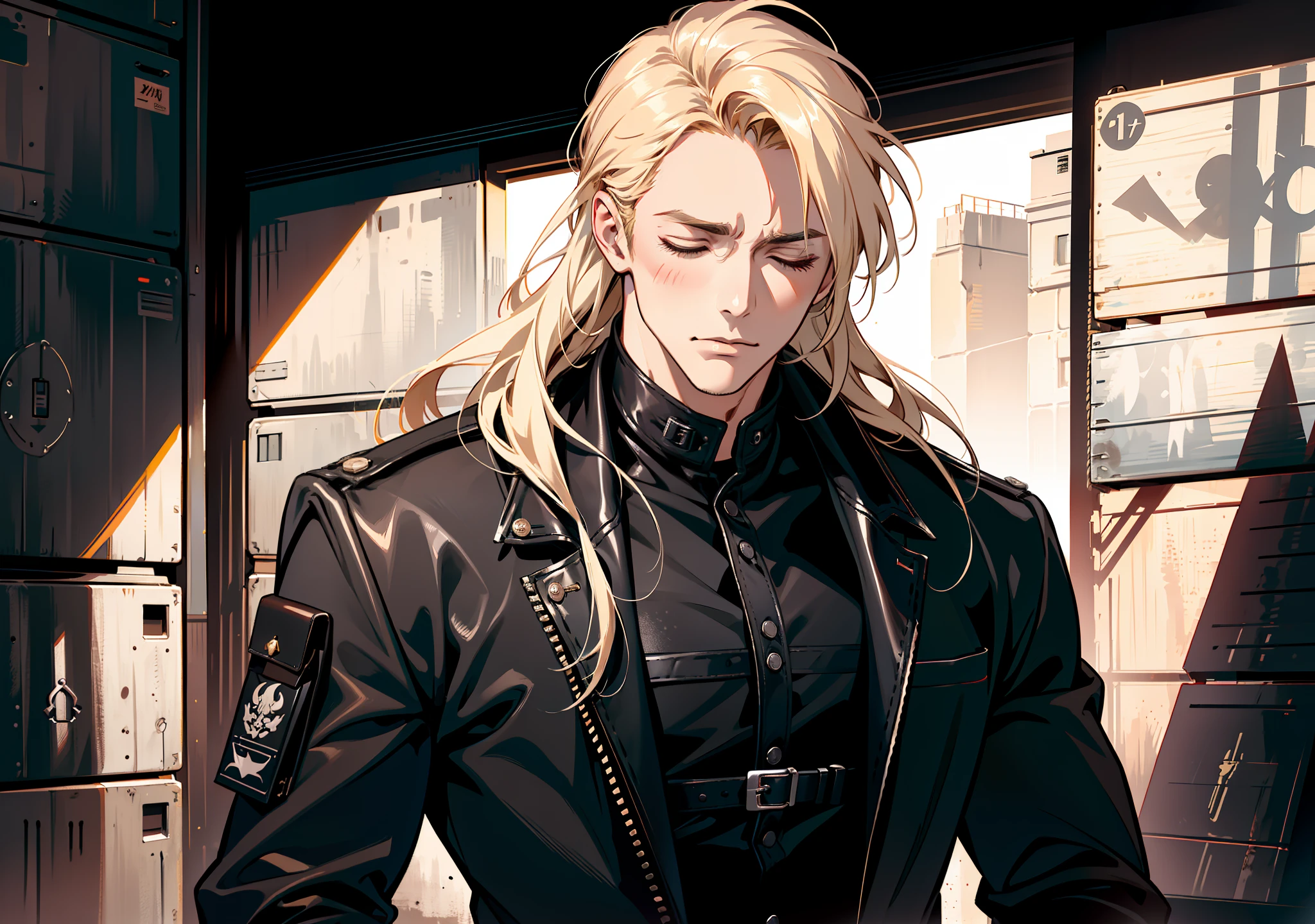 portrait, ((closed eyes)), ((flushed cheeks)), ((embarrassed)), (absurd res, high res, ultra detailed), 1 male, adult, handsome, tall muscular guy, broad shoulders, blonde long hair, red eyes, finely detailed eyes, looking at viewer, solo, no background, detailed face, smirk, renegade, rugged dark leather clothes, small leather pouch, high fantasy medieval setting, smuggler hideout background, stealth, undercover, (crates in background), shadows, fog, (dutch angle), ((portrait)), black shirt, black jacket